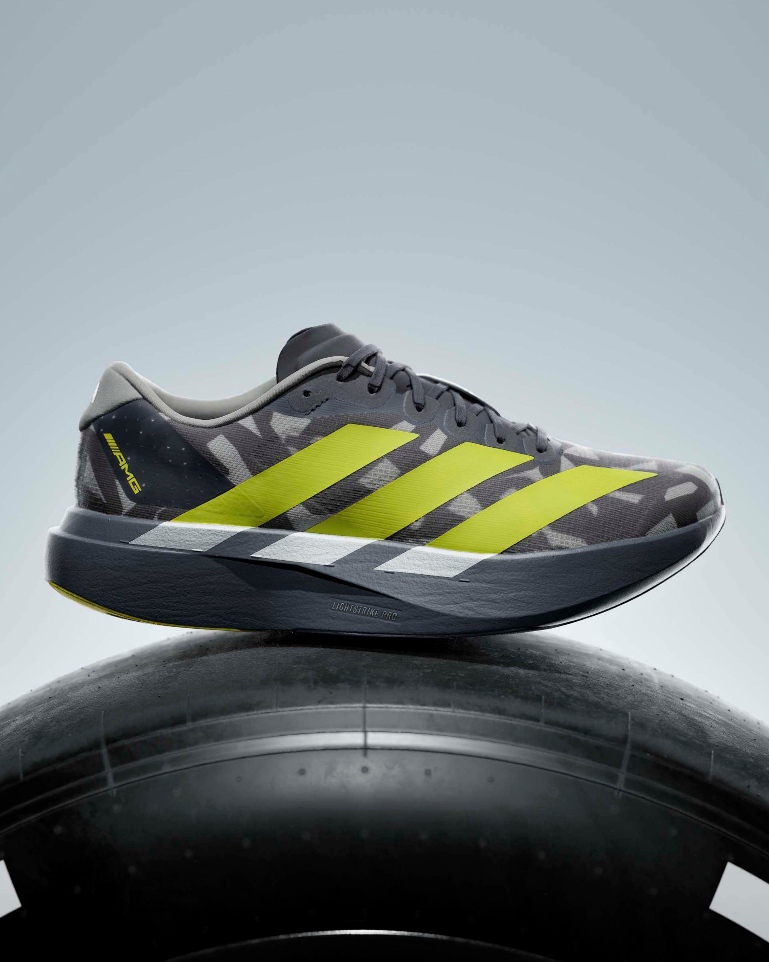 Adizero AMG Evo SL Shoes Grey — close-up design detail showing Mercedes-AMG PETRONAS F1 styling and product details | Dash Racegear