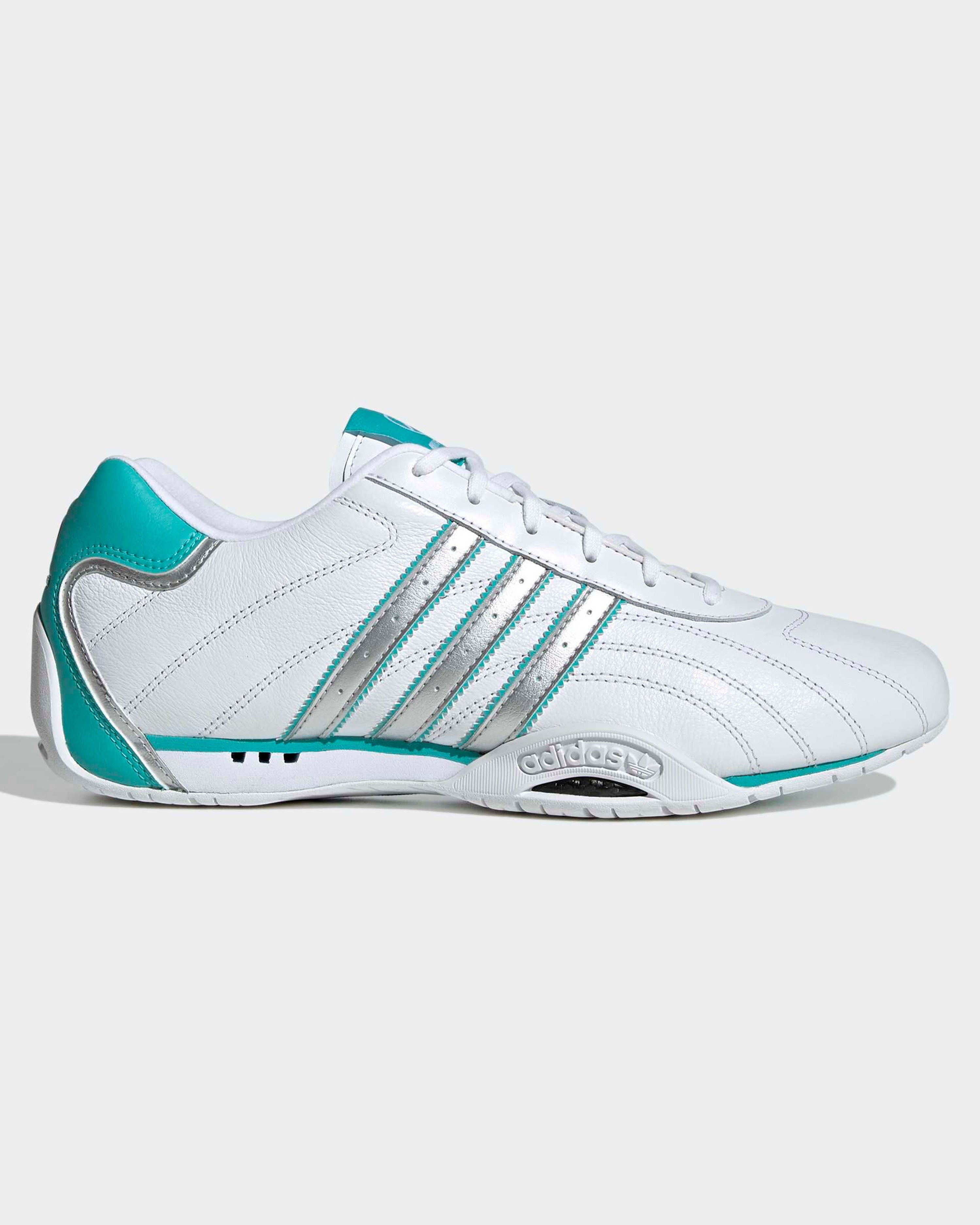 Adiracer Lo Shoes White — primary product view showing Mercedes-AMG PETRONAS F1 styling and product details | Dash Racegear
