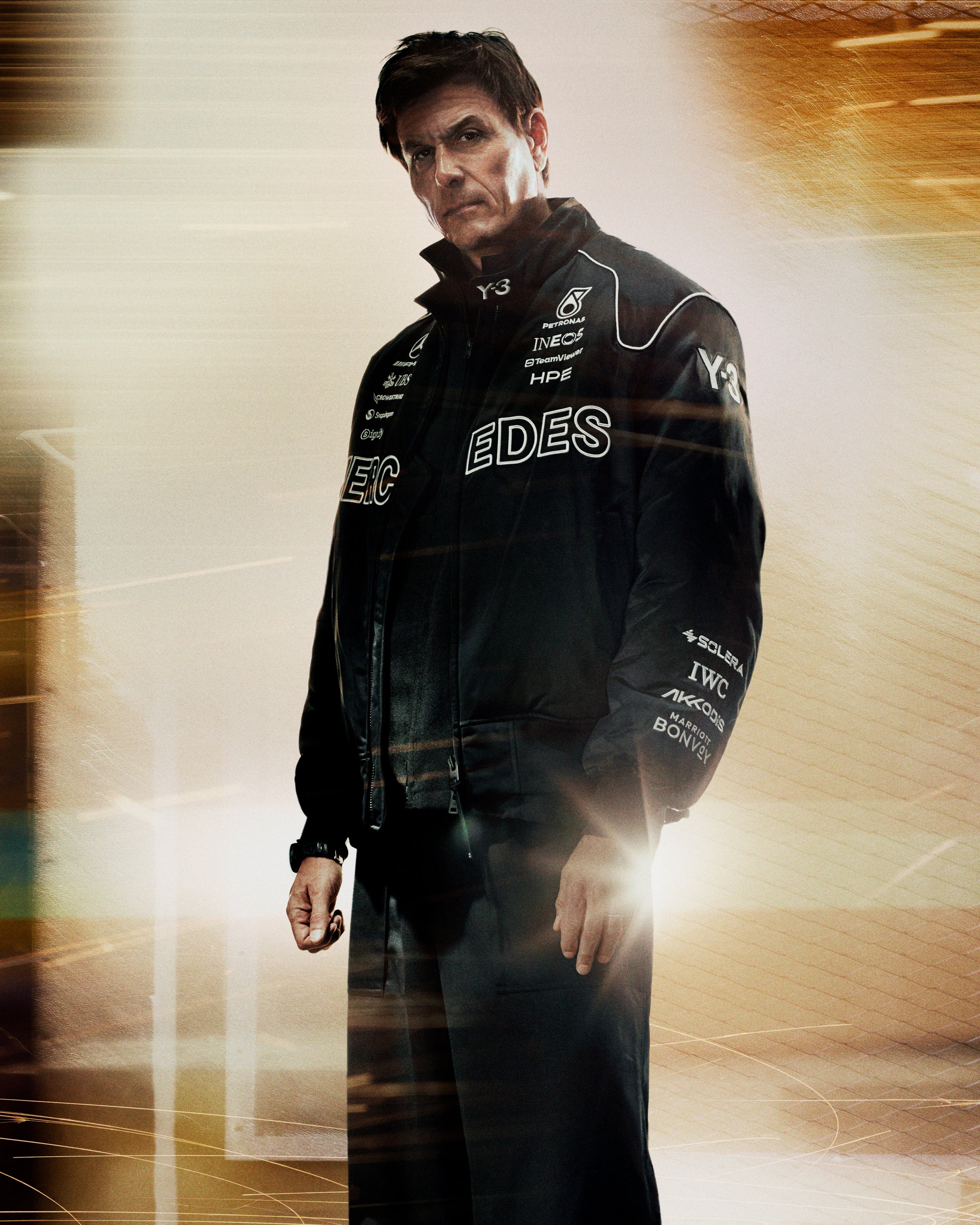 Y-3 Team Jacket Black — primary product view showing Mercedes-AMG PETRONAS F1 styling and product details | Dash Racegear