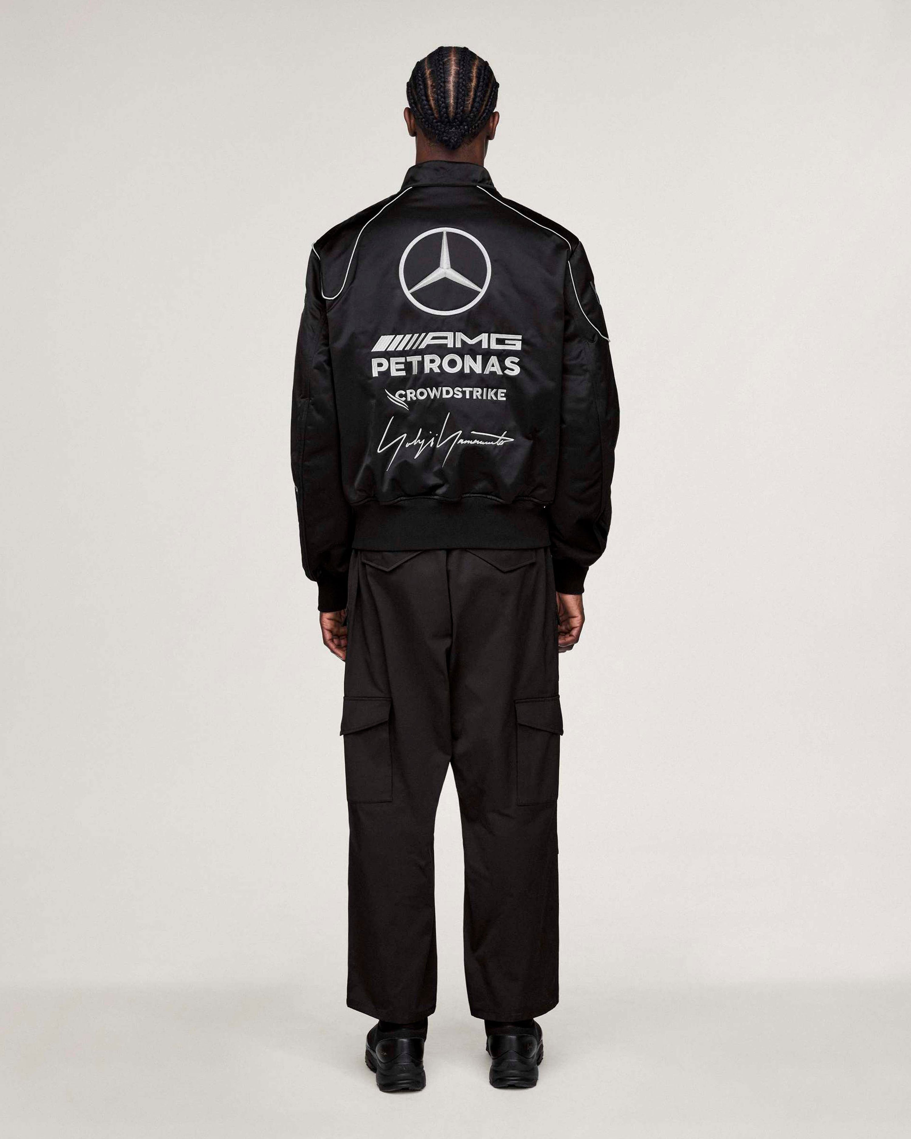Y-3 Team Jacket Black — close-up design detail showing Mercedes-AMG PETRONAS F1 styling and product details | Dash Racegear