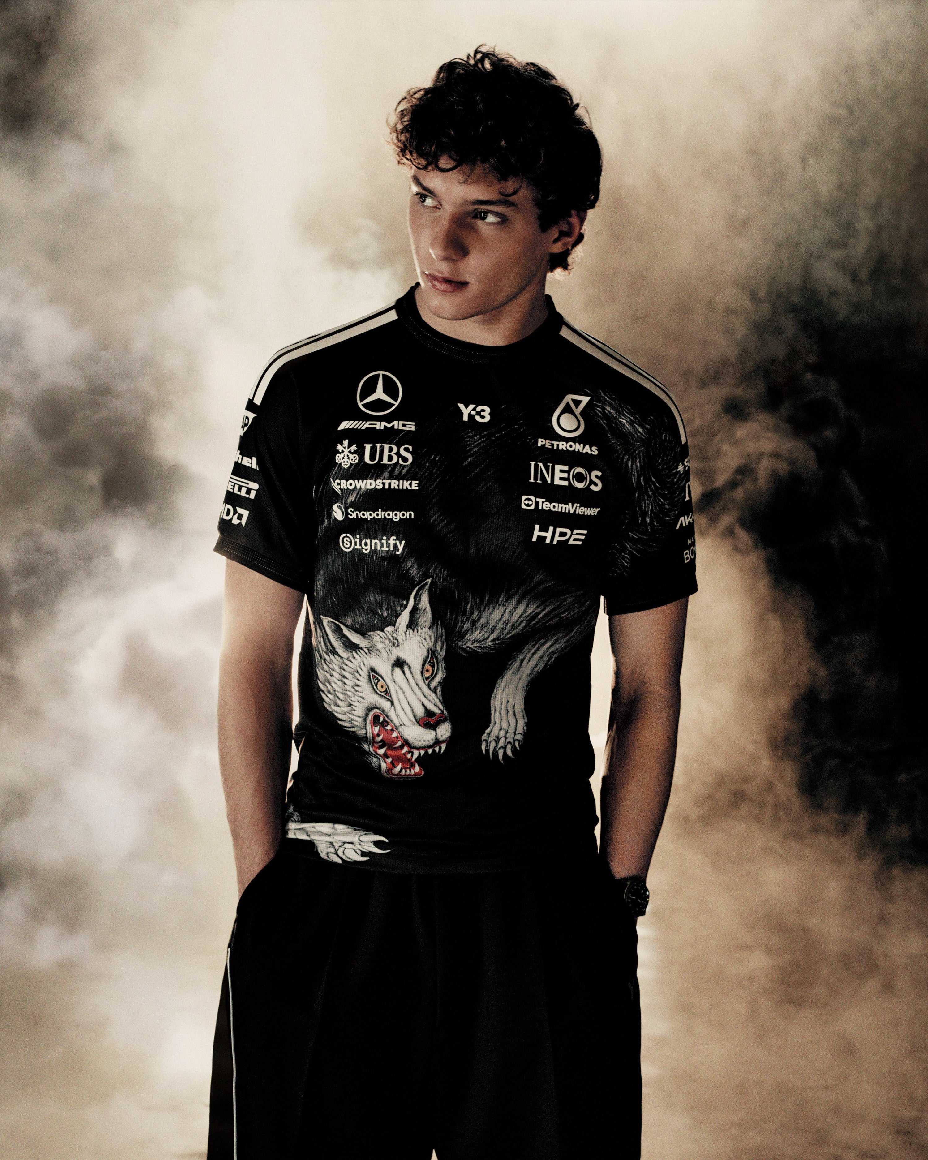 Y-3 Short-Sleeve Team Driver Tee Black — primary product view showing Mercedes-AMG PETRONAS F1 styling and product details | Dash Racegear