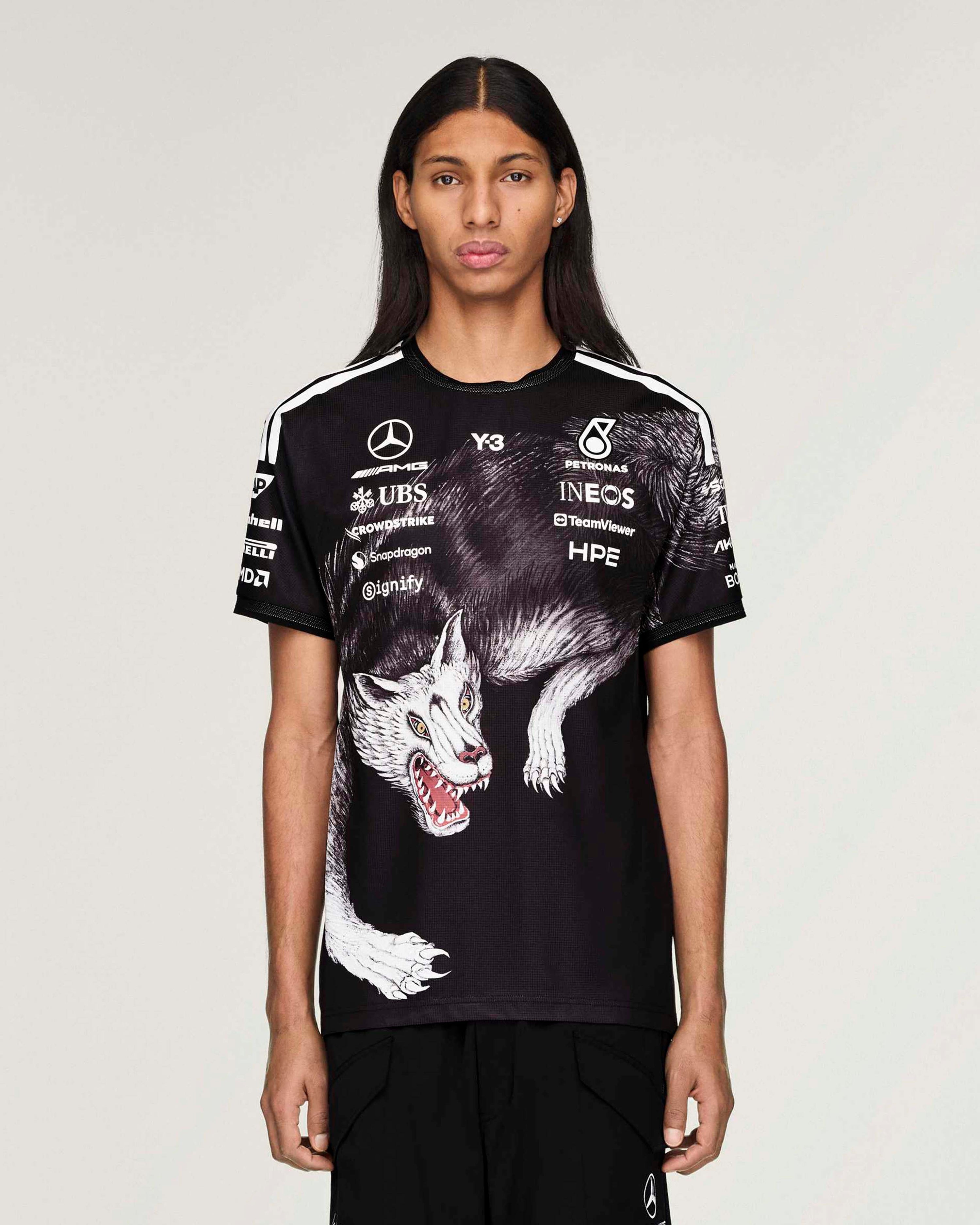 Y-3 Short-Sleeve Team Driver Tee Black — alternate product angle showing Mercedes-AMG PETRONAS F1 styling and product details | Dash Racegear