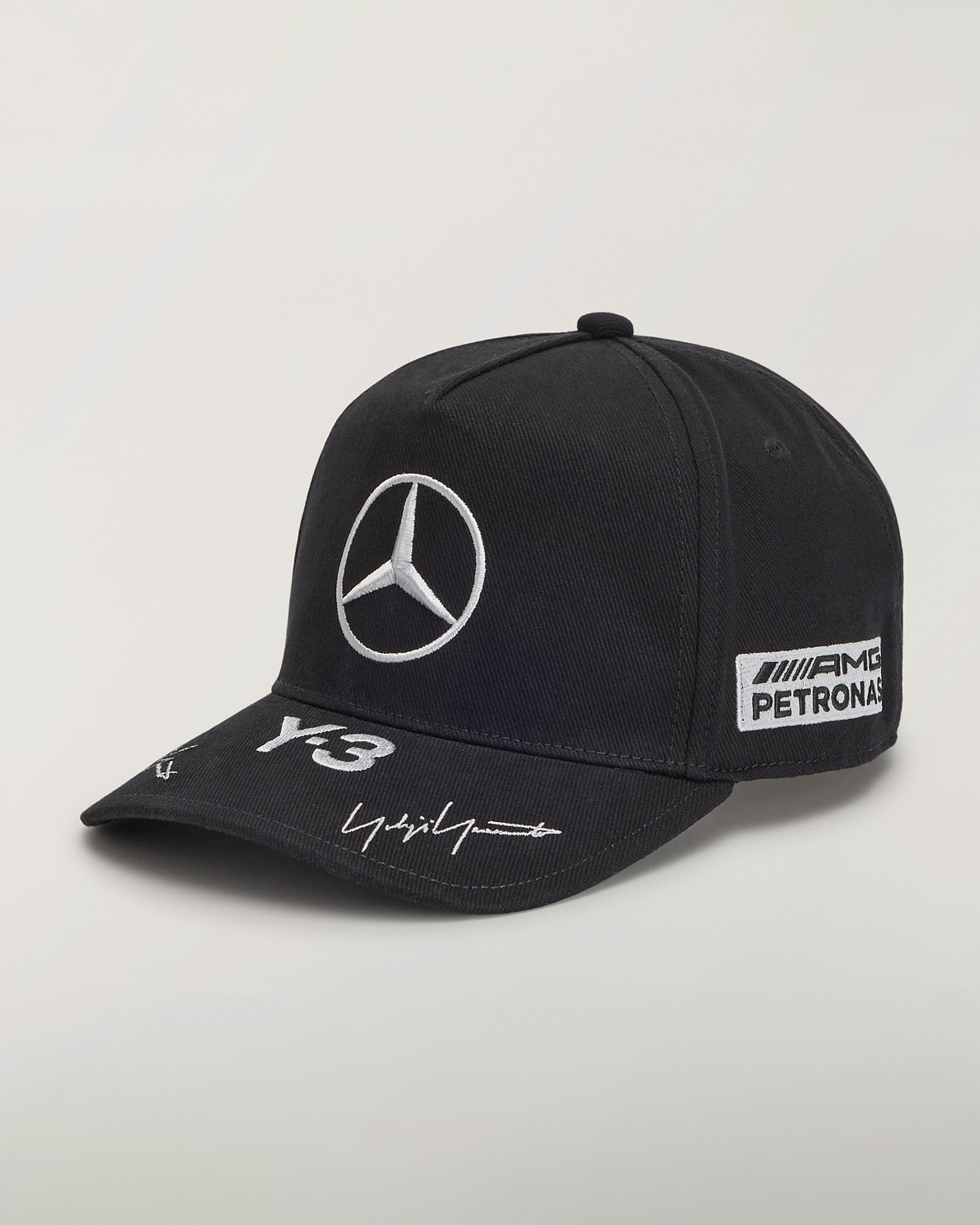 Y-3 Race Cap Black — primary product view showing Mercedes-AMG PETRONAS F1 styling and product details | Dash Racegear