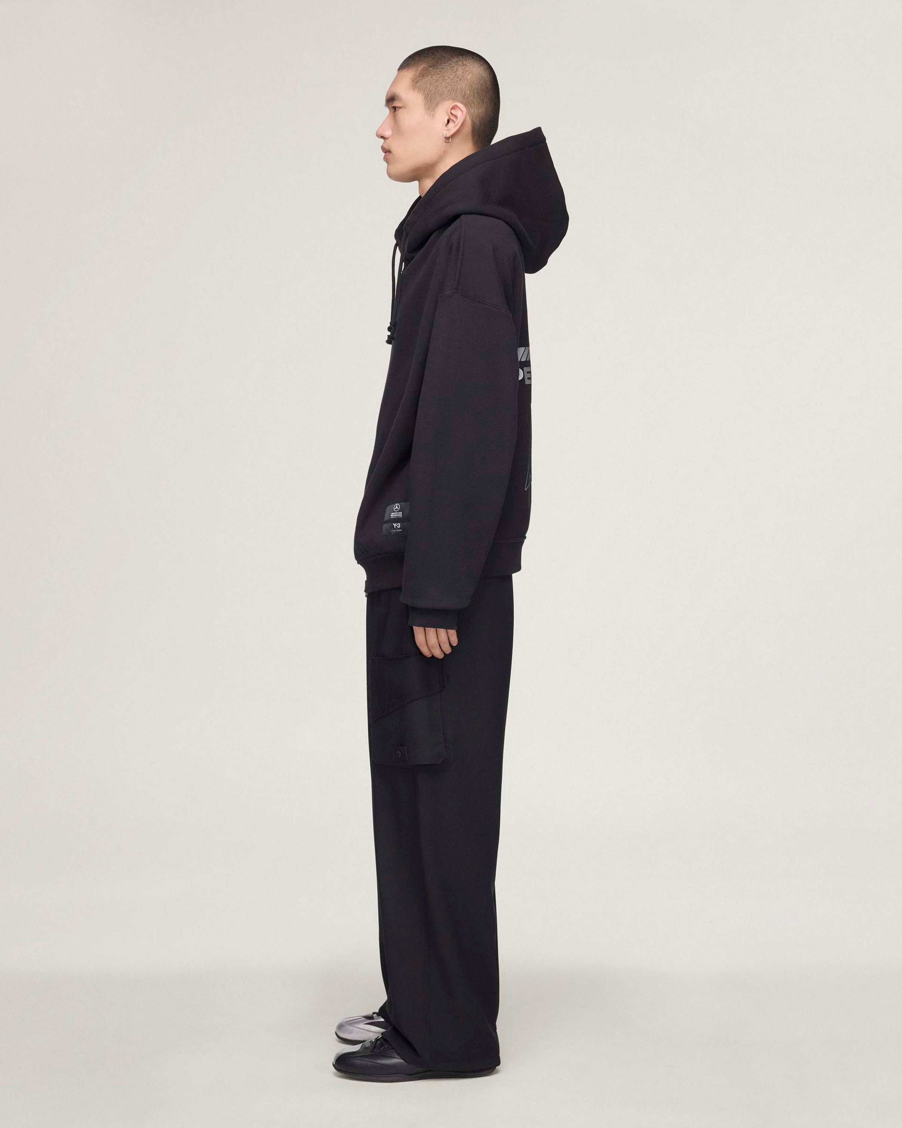 Y-3 Zip Hoody Black — close-up design detail showing Mercedes-AMG PETRONAS F1 styling and product details | Dash Racegear