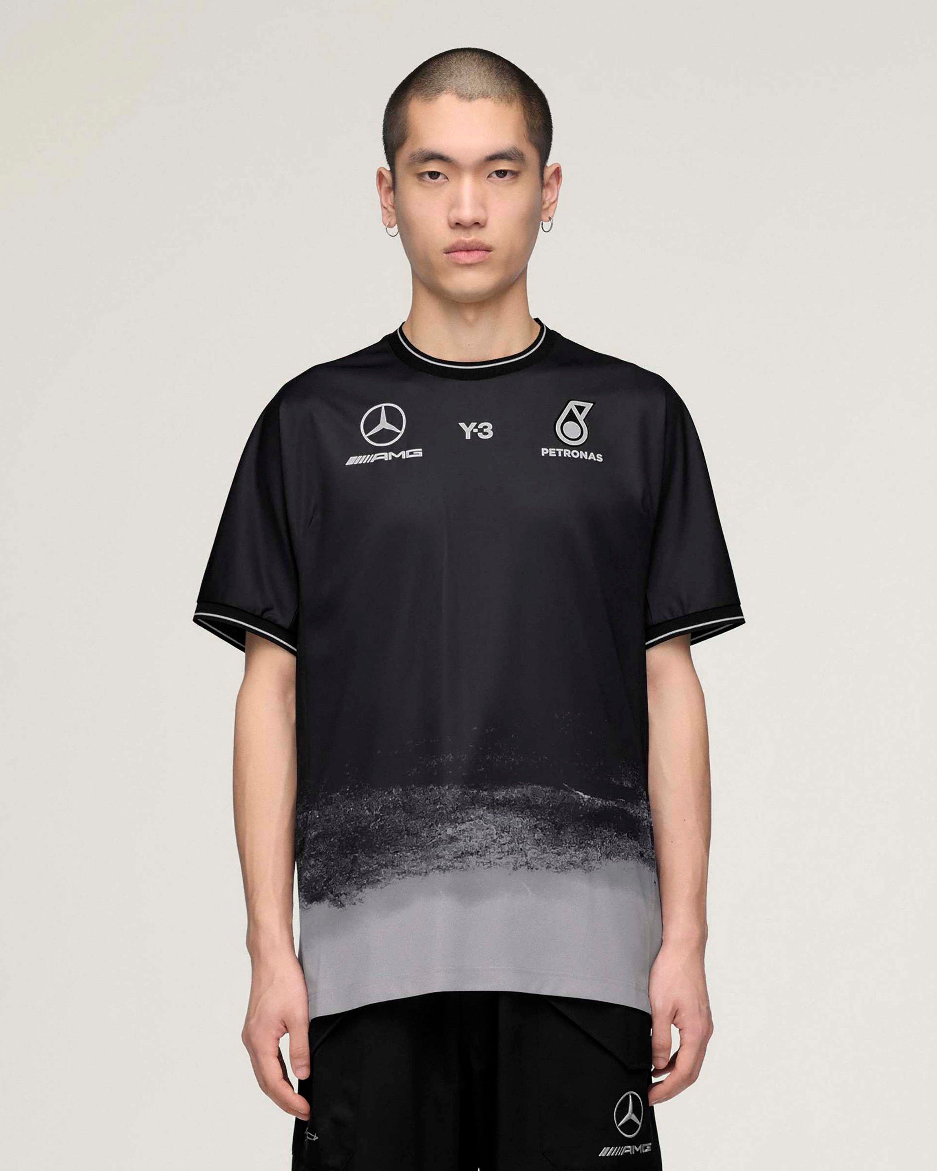 Y-3 Short-Sleeve Mechanics Tee Black — primary product view showing Mercedes-AMG PETRONAS F1 styling and product details | Dash Racegear