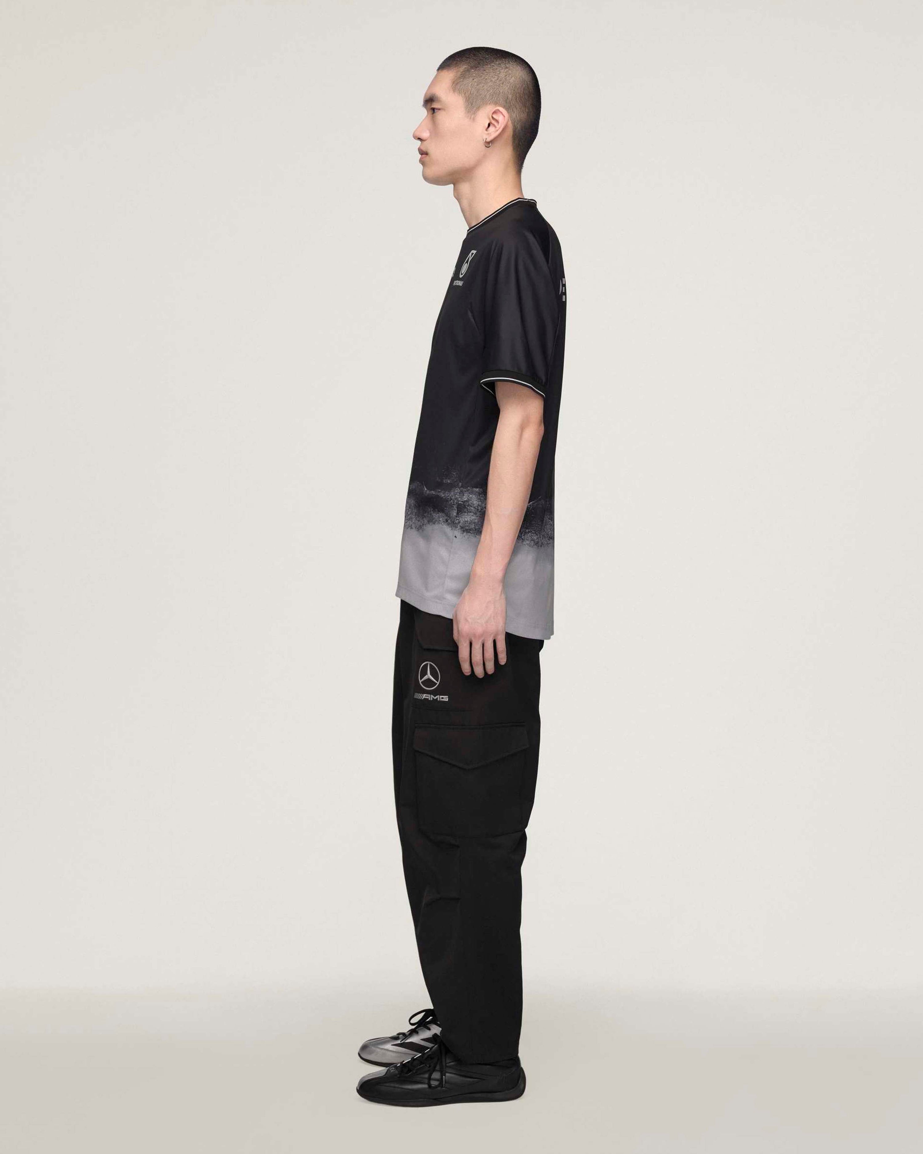 Y-3 Short-Sleeve Mechanics Tee Black — close-up design detail showing Mercedes-AMG PETRONAS F1 styling and product details | Dash Racegear
