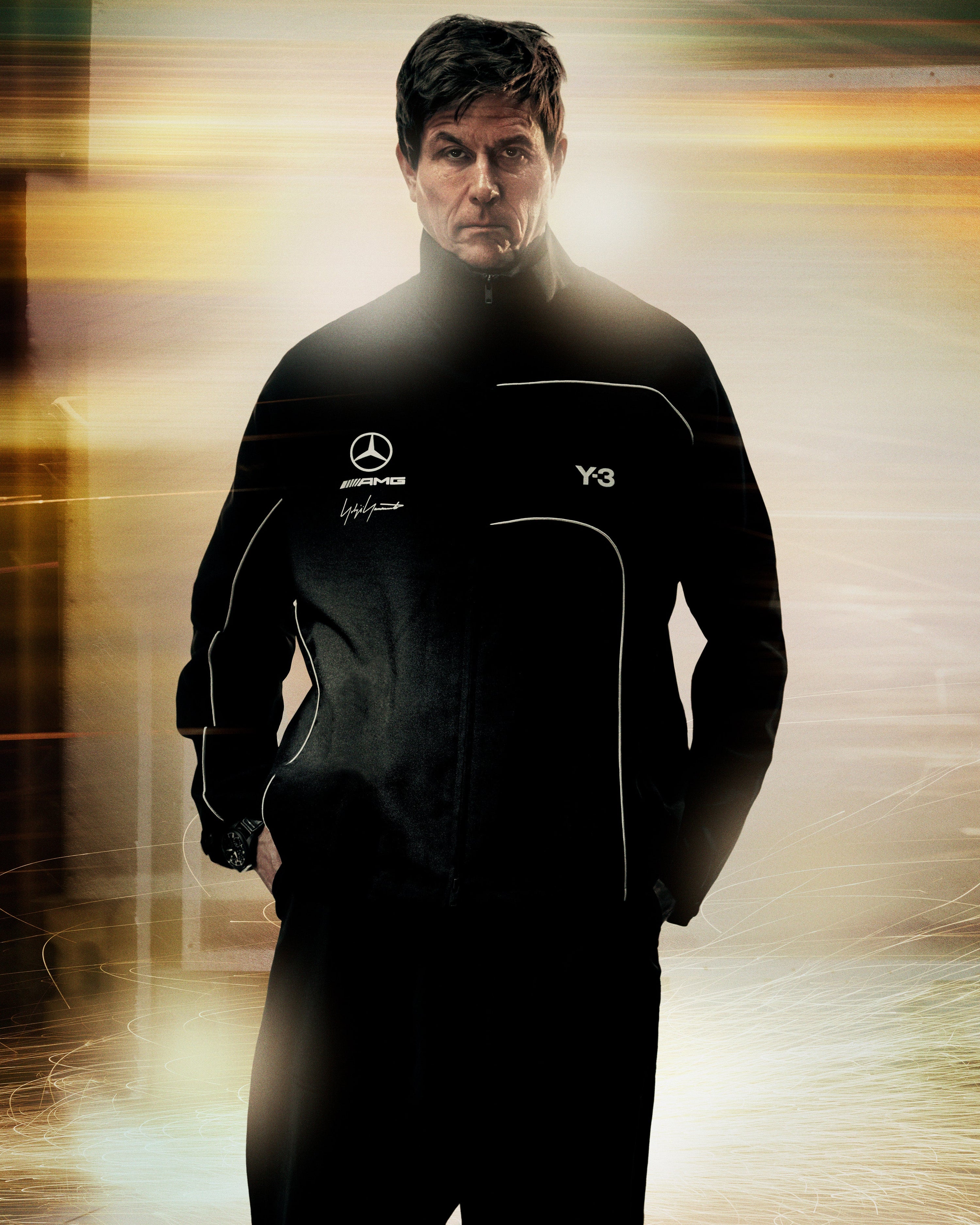 Y-3 Team Track Jacket Black — primary product view showing Mercedes-AMG PETRONAS F1 styling and product details | Dash Racegear