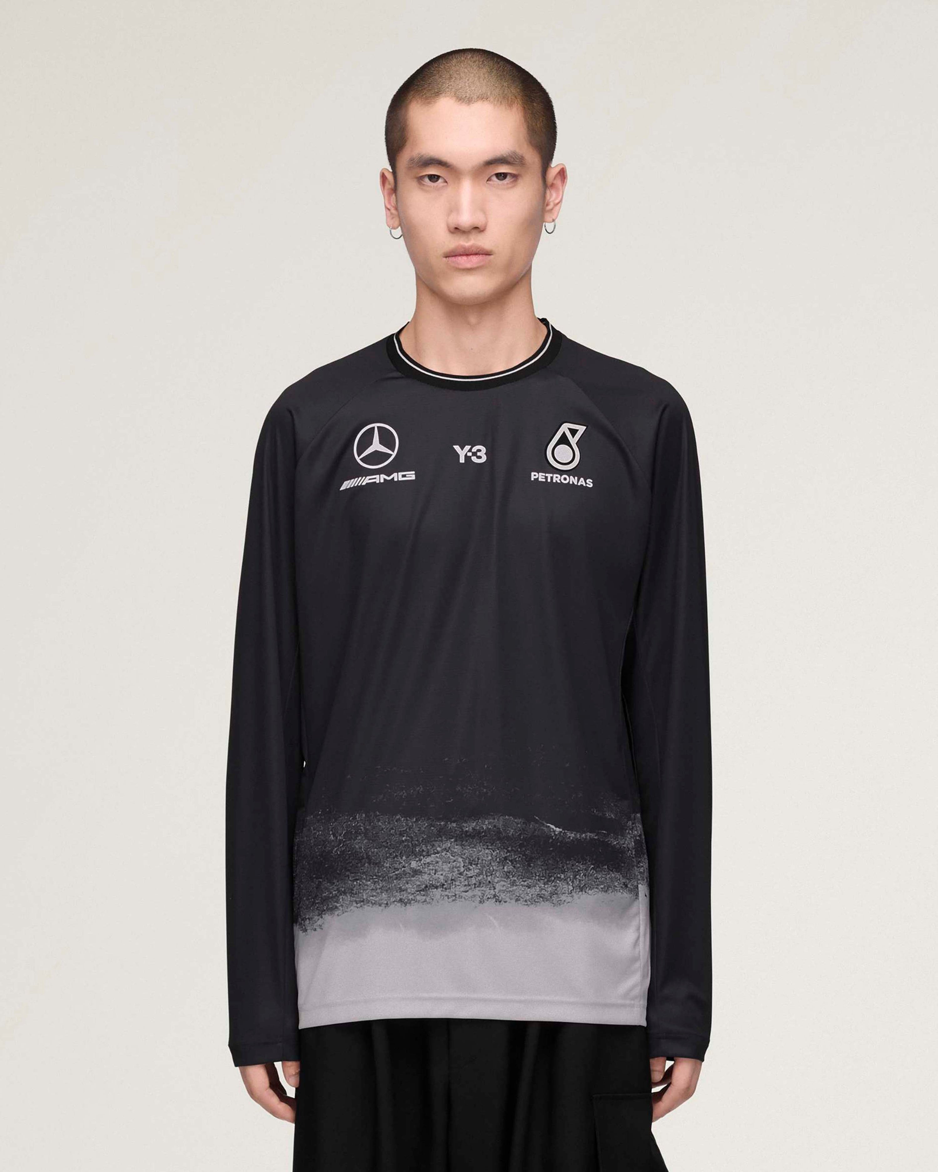 Y-3 Long-Sleeve Mechanics Tee Black — primary product view showing Mercedes-AMG PETRONAS F1 styling and product details | Dash Racegear