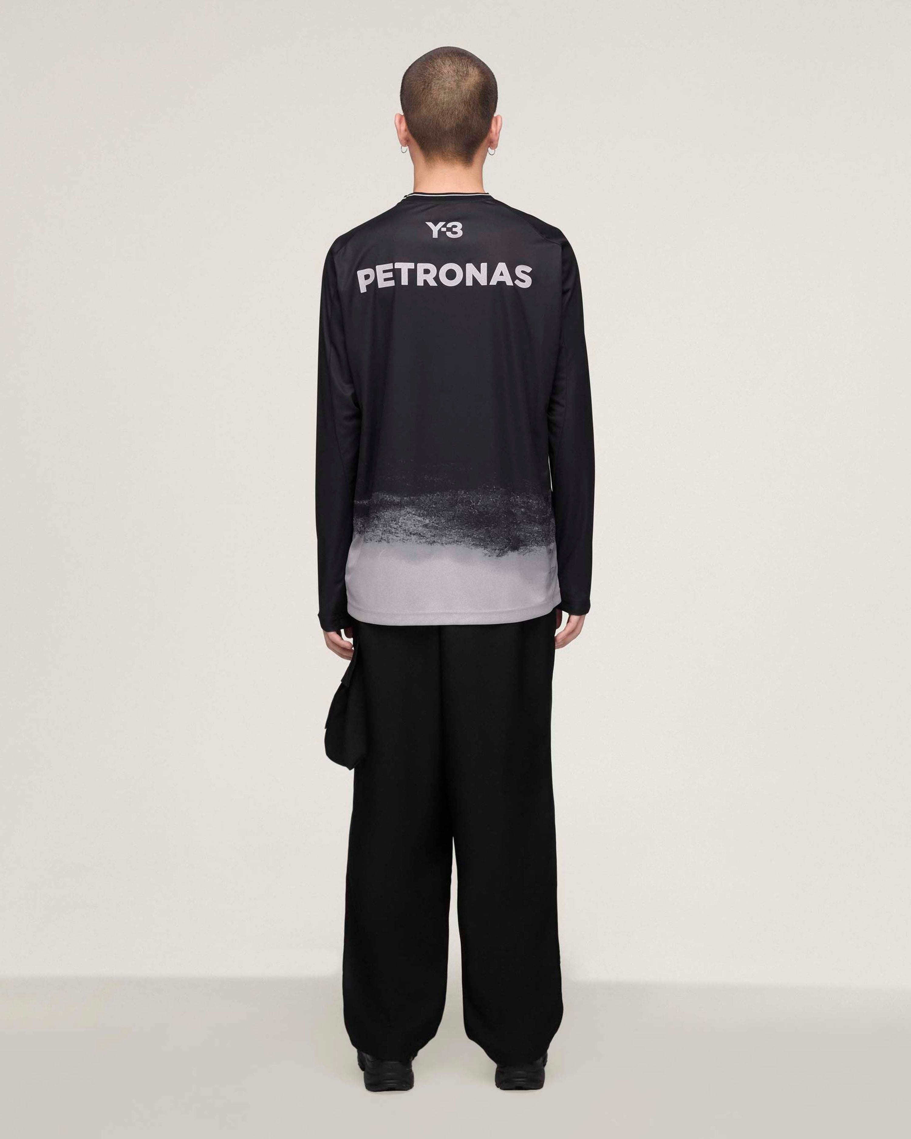 Y-3 Long-Sleeve Mechanics Tee Black — alternate product angle showing Mercedes-AMG PETRONAS F1 styling and product details | Dash Racegear