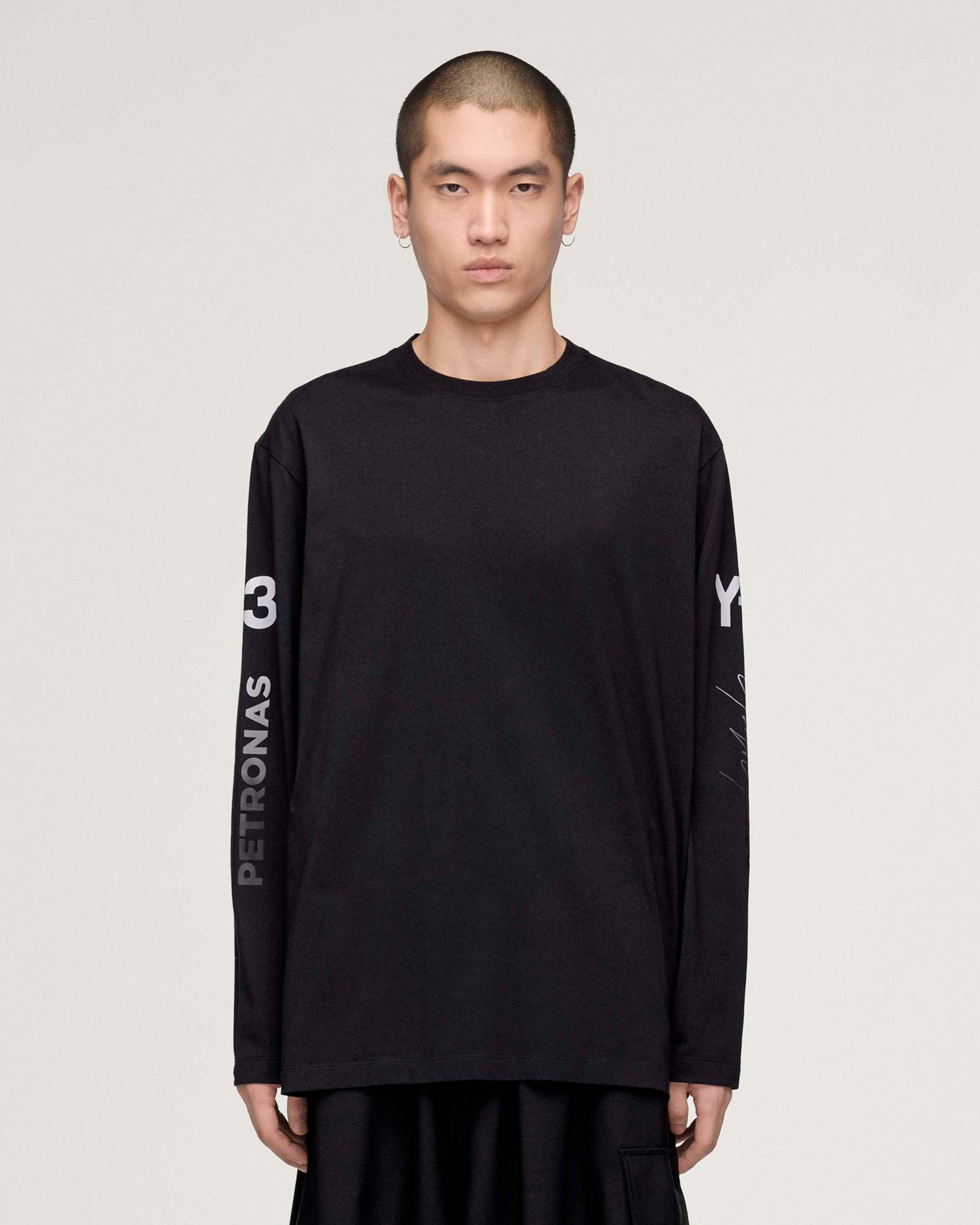 Y-3 Chaos Long-Sleeve T-shirt Black — primary product view showing Mercedes-AMG PETRONAS F1 styling and product details | Dash Racegear