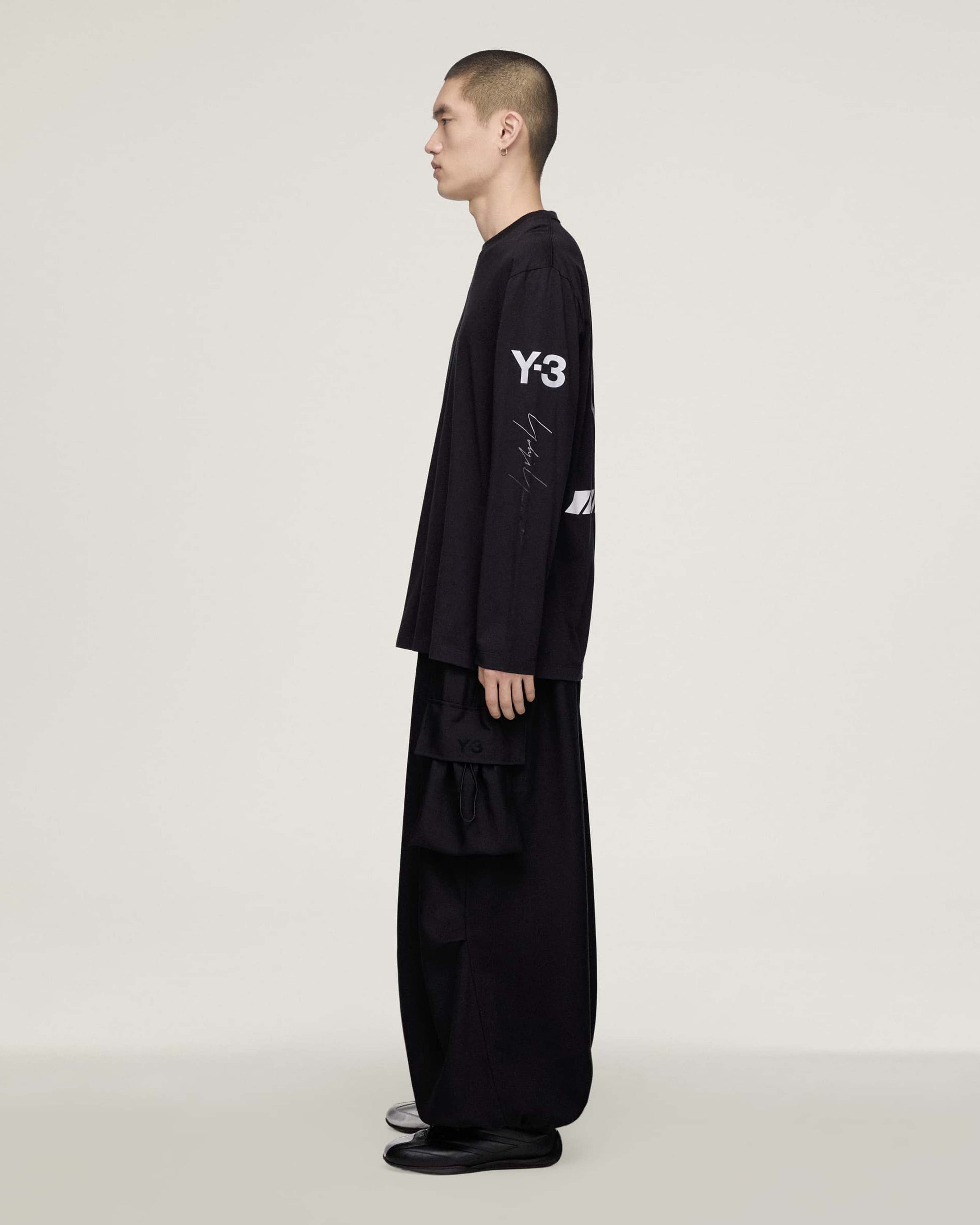 Y-3 Chaos Long-Sleeve T-shirt Black — close-up design detail showing Mercedes-AMG PETRONAS F1 styling and product details | Dash Racegear