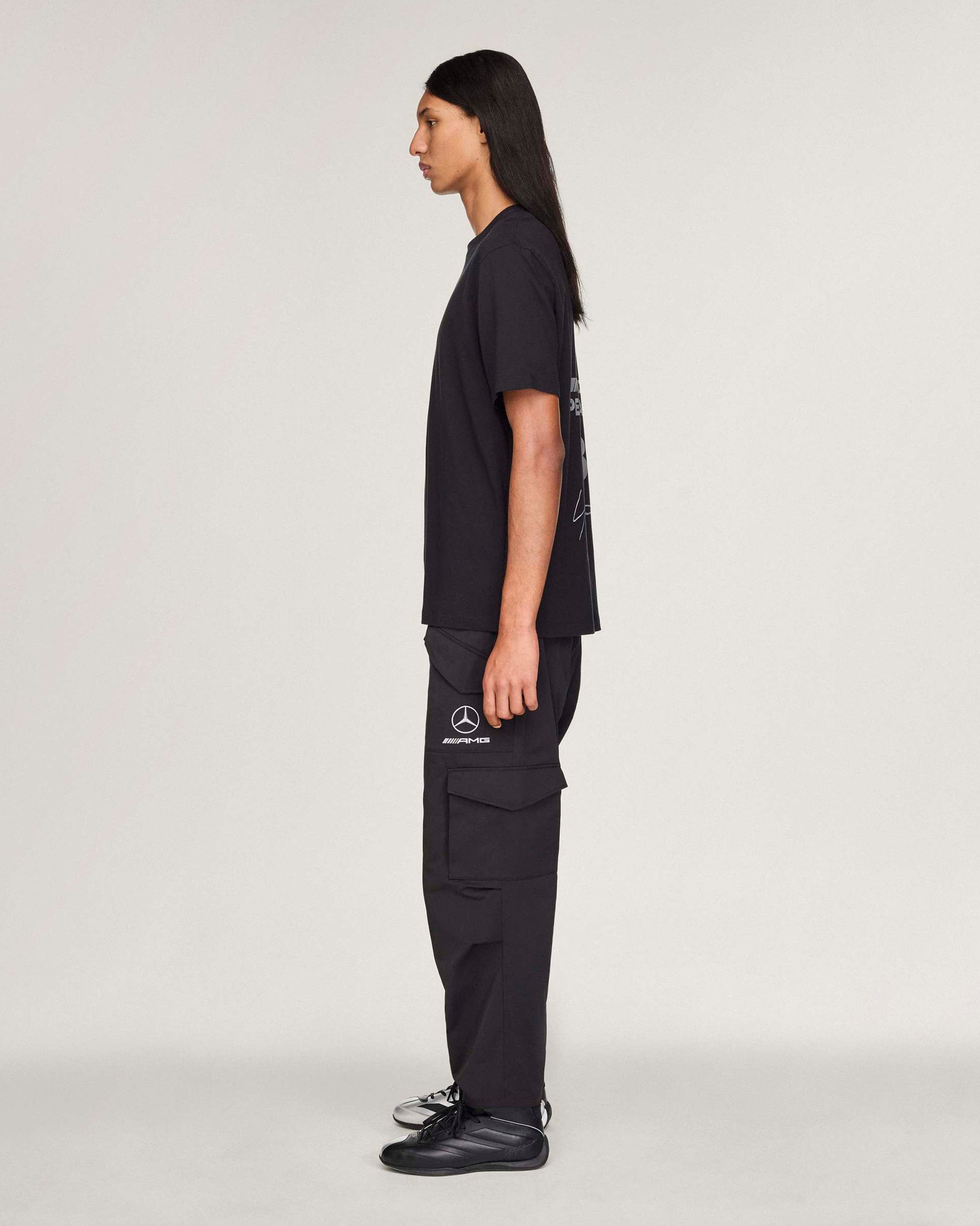 Y-3 Logo Short-Sleeve T-shirt Black — close-up design detail showing Mercedes-AMG PETRONAS F1 styling and product details | Dash Racegear