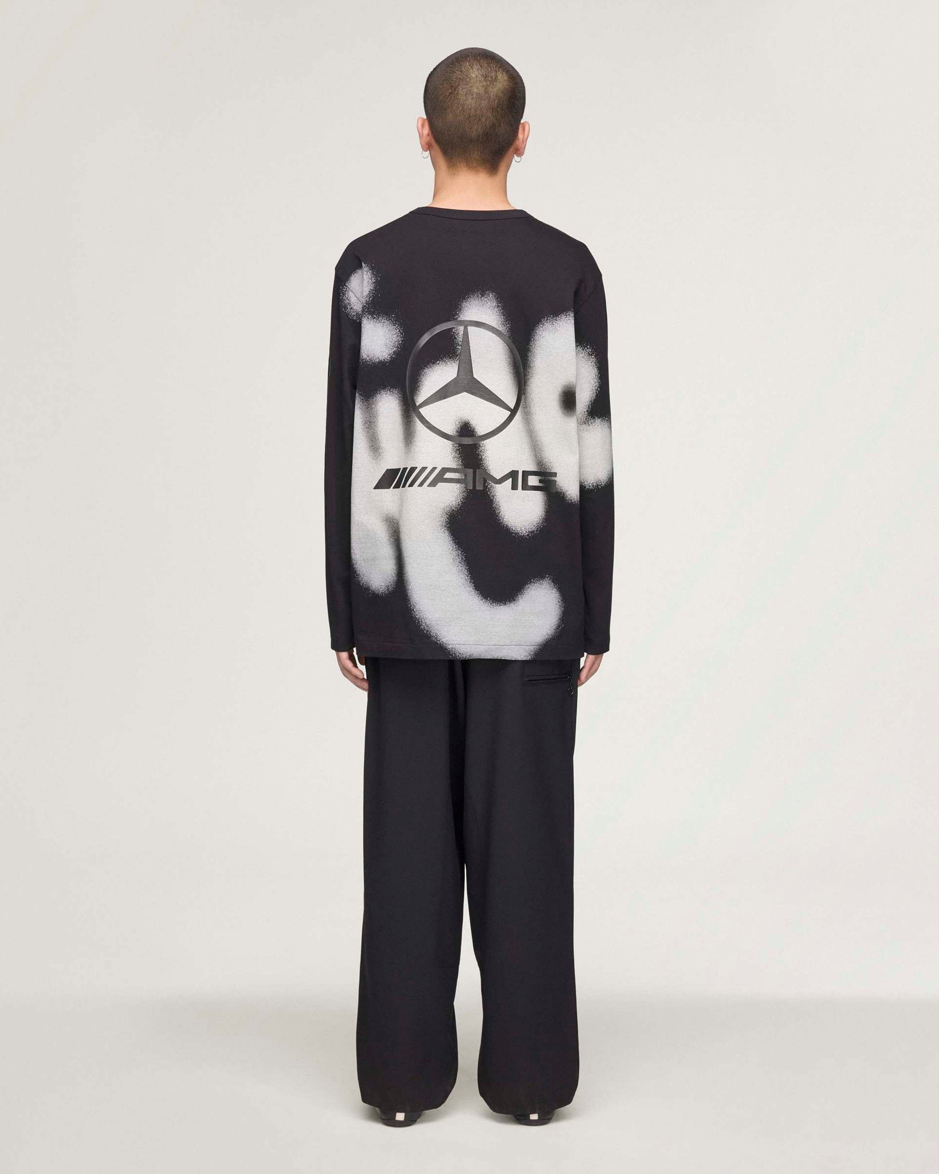 Y-3 Yohji Long-Sleeve T-shirt Black — close-up design detail showing Mercedes-AMG PETRONAS F1 styling and product details | Dash Racegear