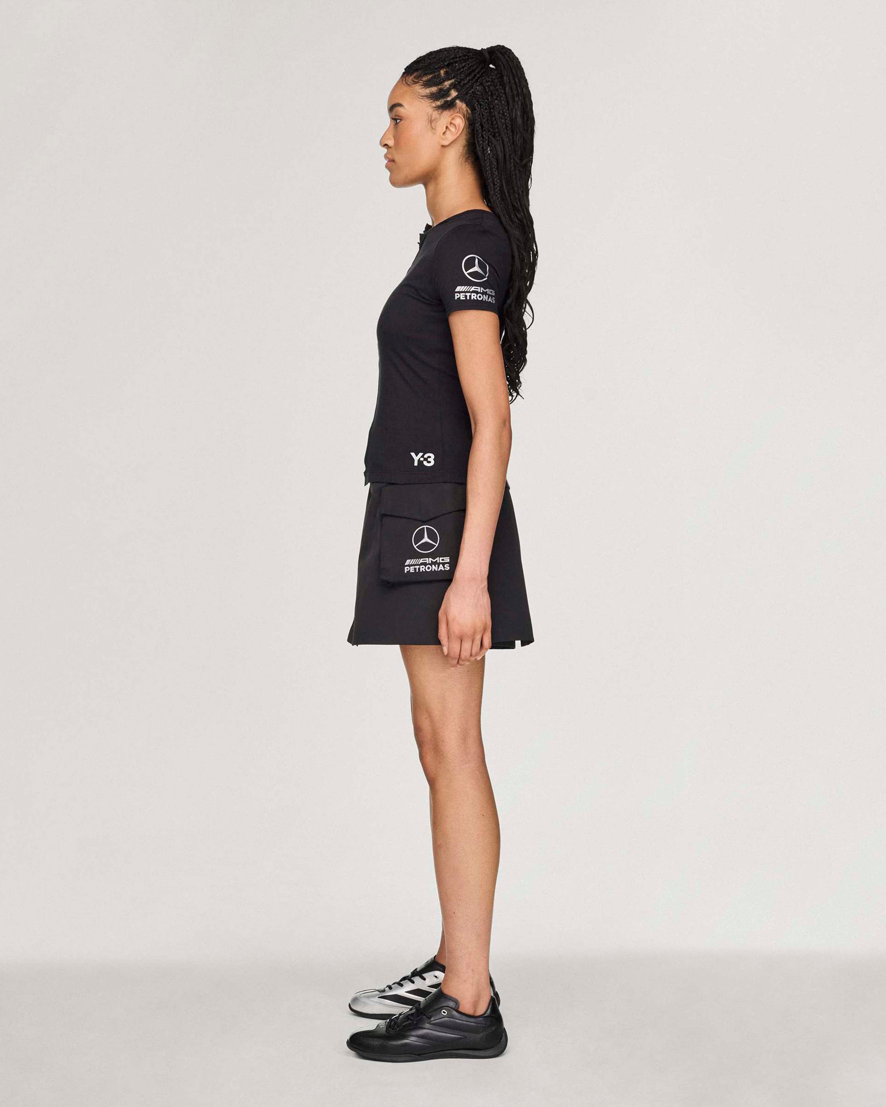 Womens Y-3 Fitted T-shirt Black — close-up design detail showing Mercedes-AMG PETRONAS F1 styling and product details | Dash Racegear