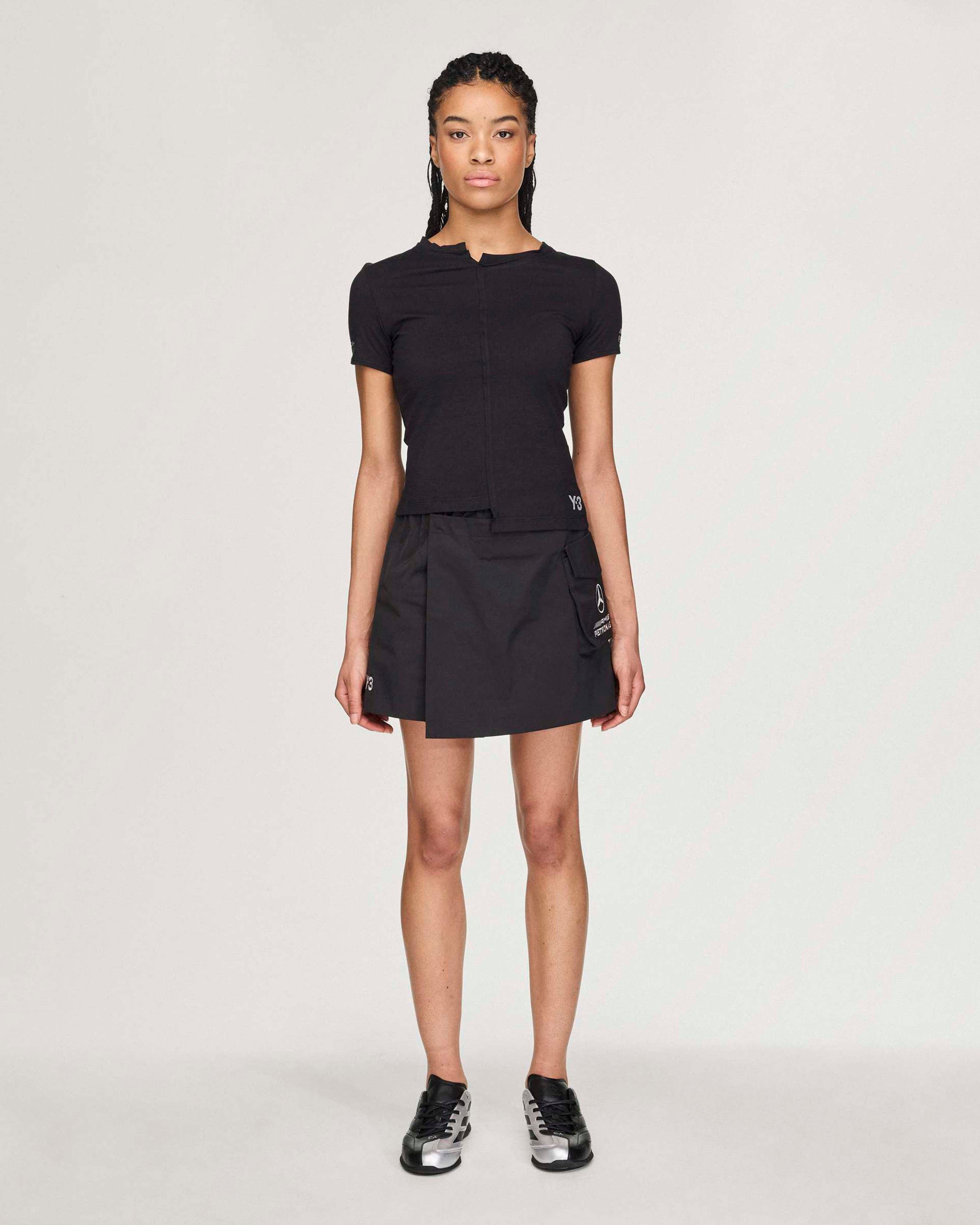 Womens Y-3 Skort Black — primary product view showing Mercedes-AMG PETRONAS F1 styling and product details | Dash Racegear