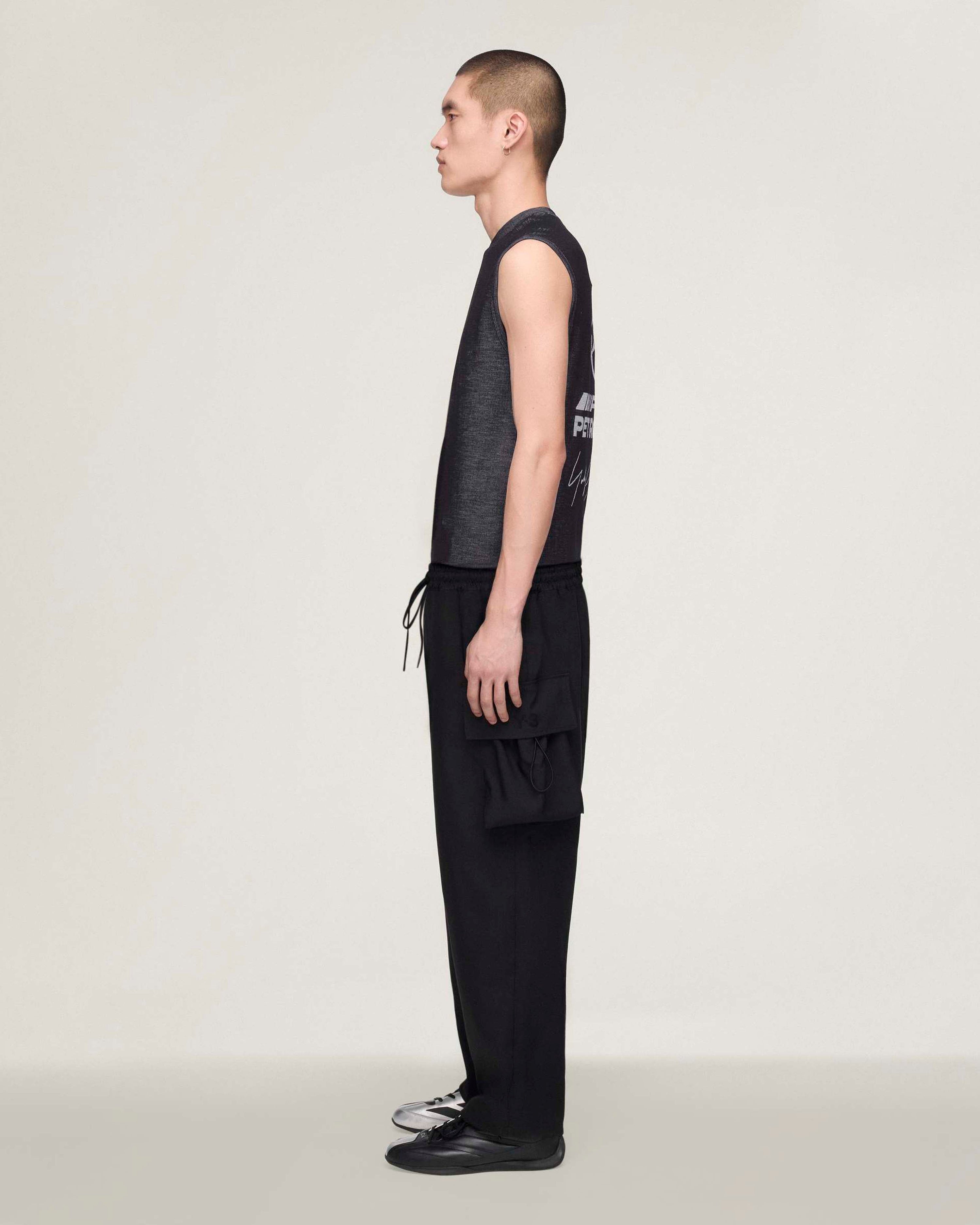 Y-3 Engineered Tank Top Black — close-up design detail showing Mercedes-AMG PETRONAS F1 styling and product details | Dash Racegear