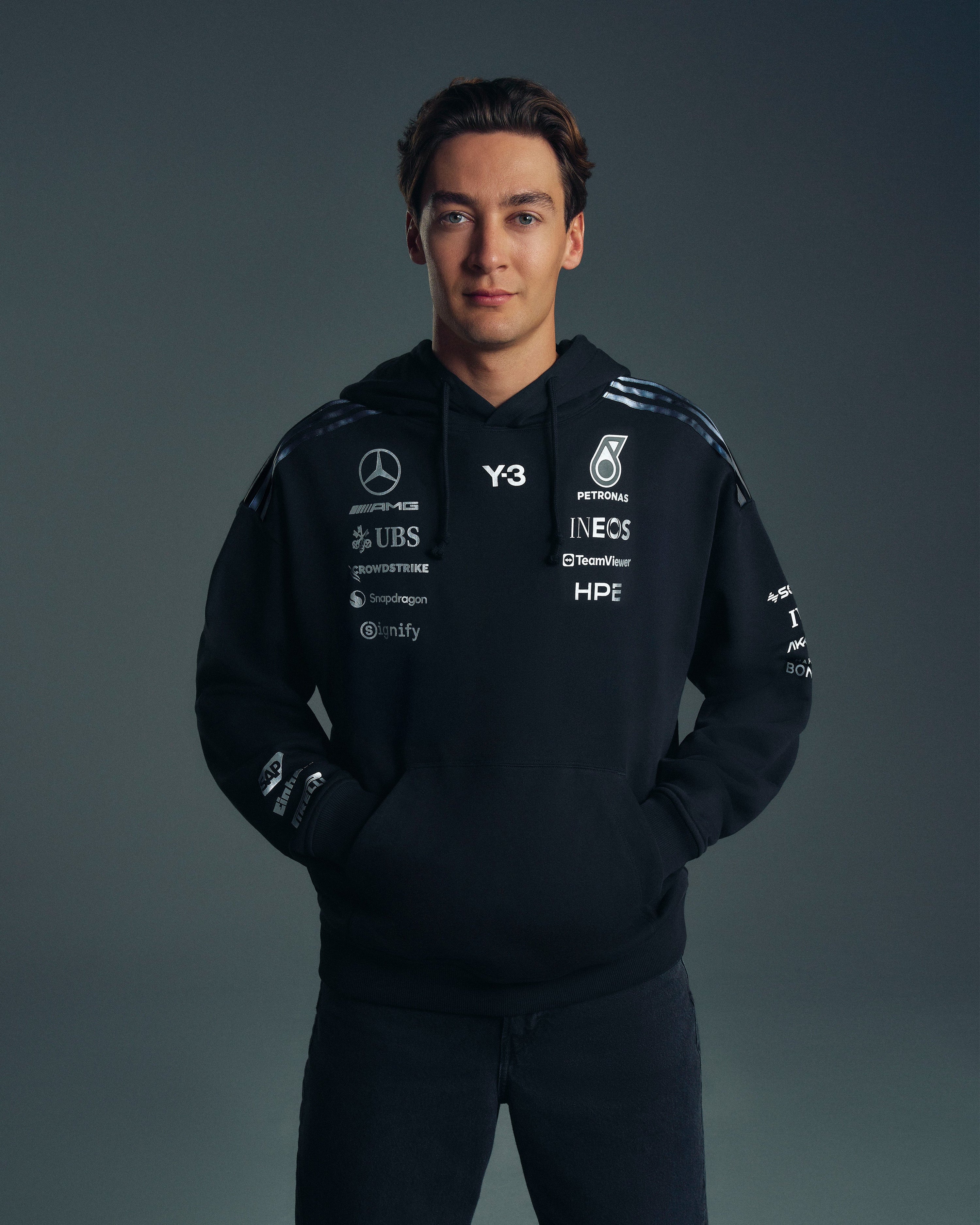 Y-3 Team Hoody Black — primary product view showing Mercedes-AMG PETRONAS F1 styling and product details | Dash Racegear