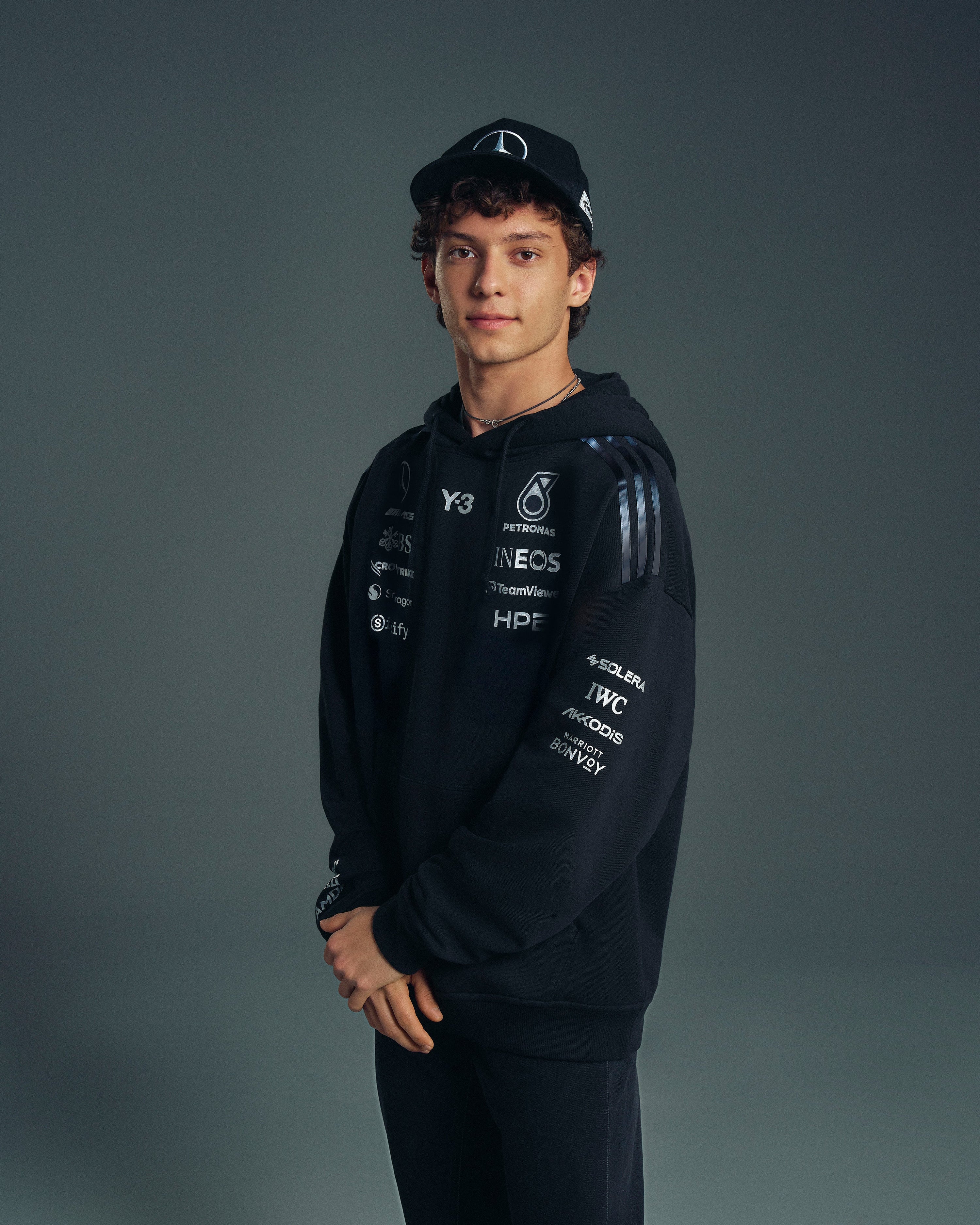 Y-3 Team Hoody Black — alternate product angle showing Mercedes-AMG PETRONAS F1 styling and product details | Dash Racegear