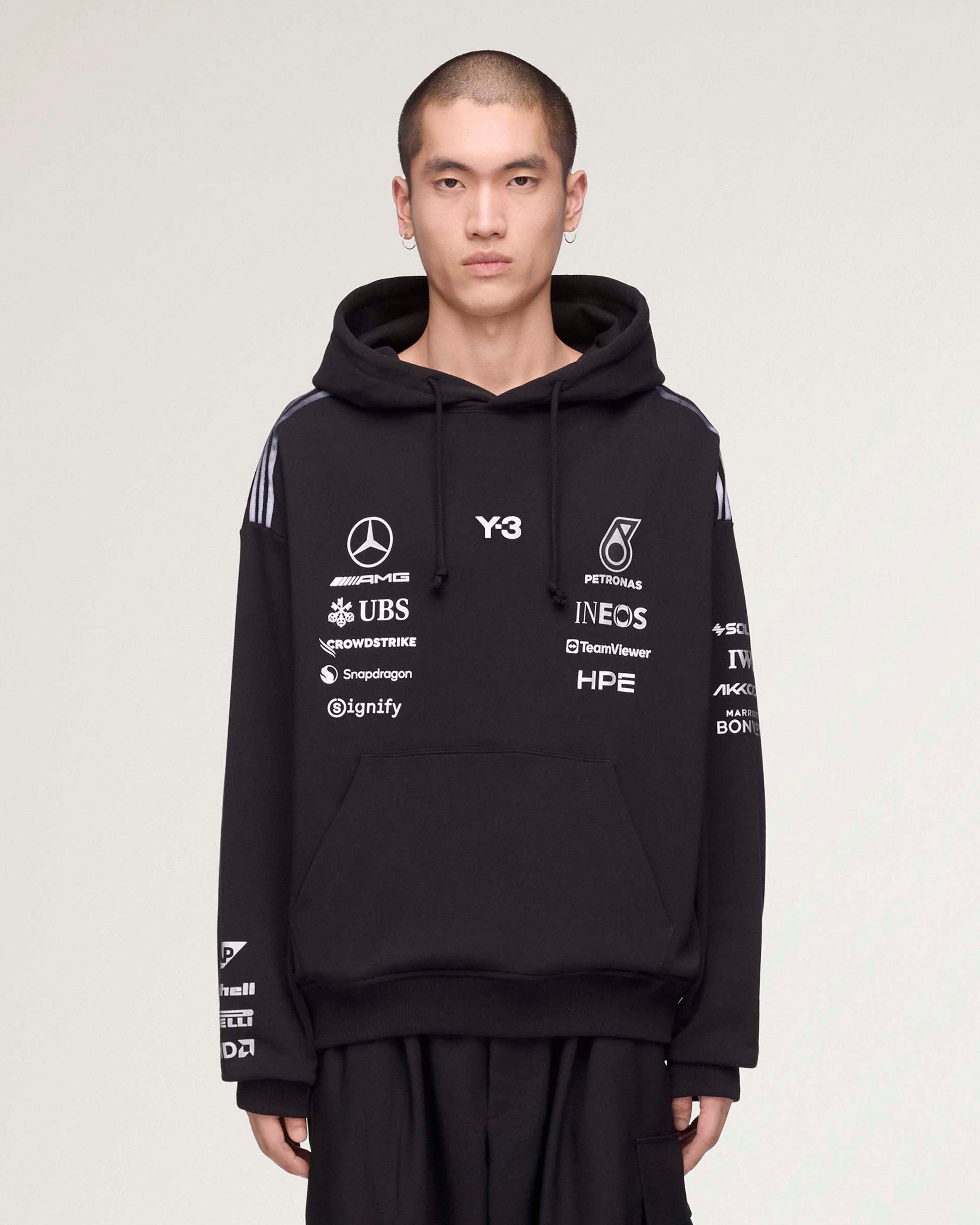 Y-3 Team Hoody Black — close-up design detail showing Mercedes-AMG PETRONAS F1 styling and product details | Dash Racegear