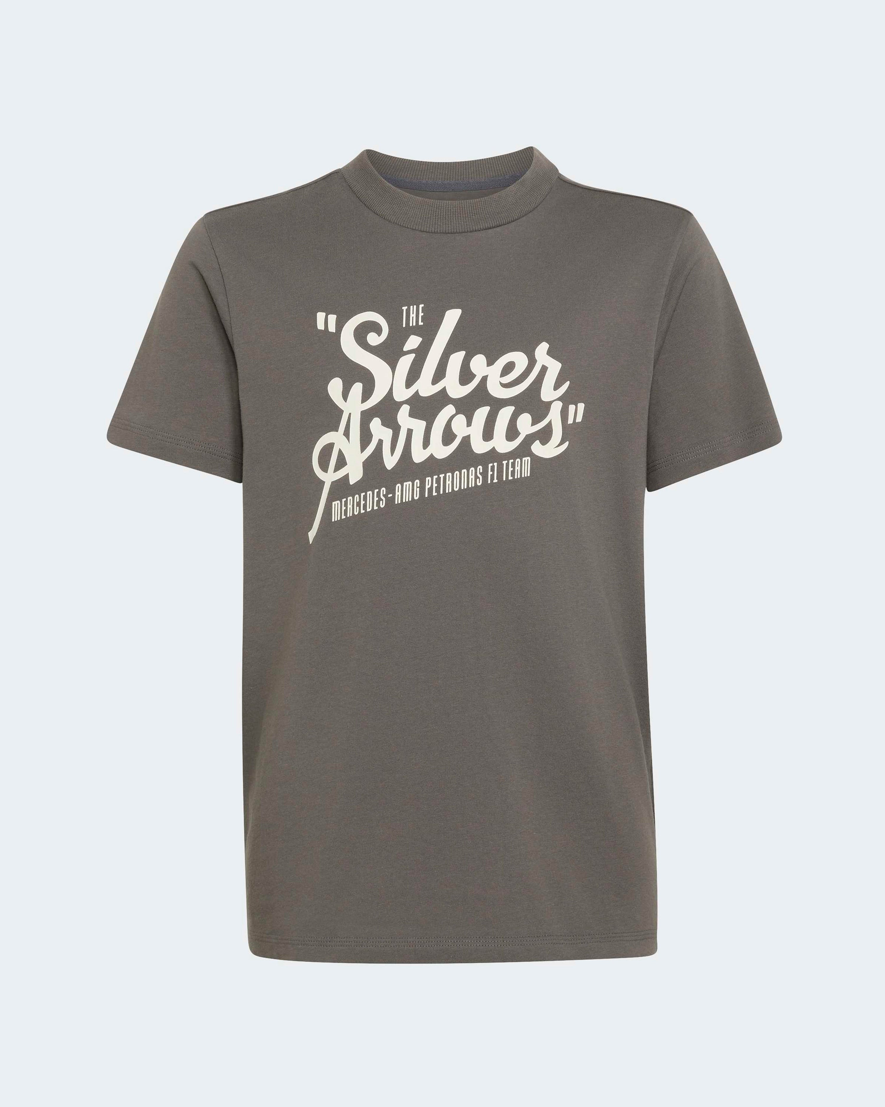 Kids Silver Arrows Heritage T-shirt Grey — primary product view showing Mercedes-AMG PETRONAS F1 styling and product details | Dash Racegear