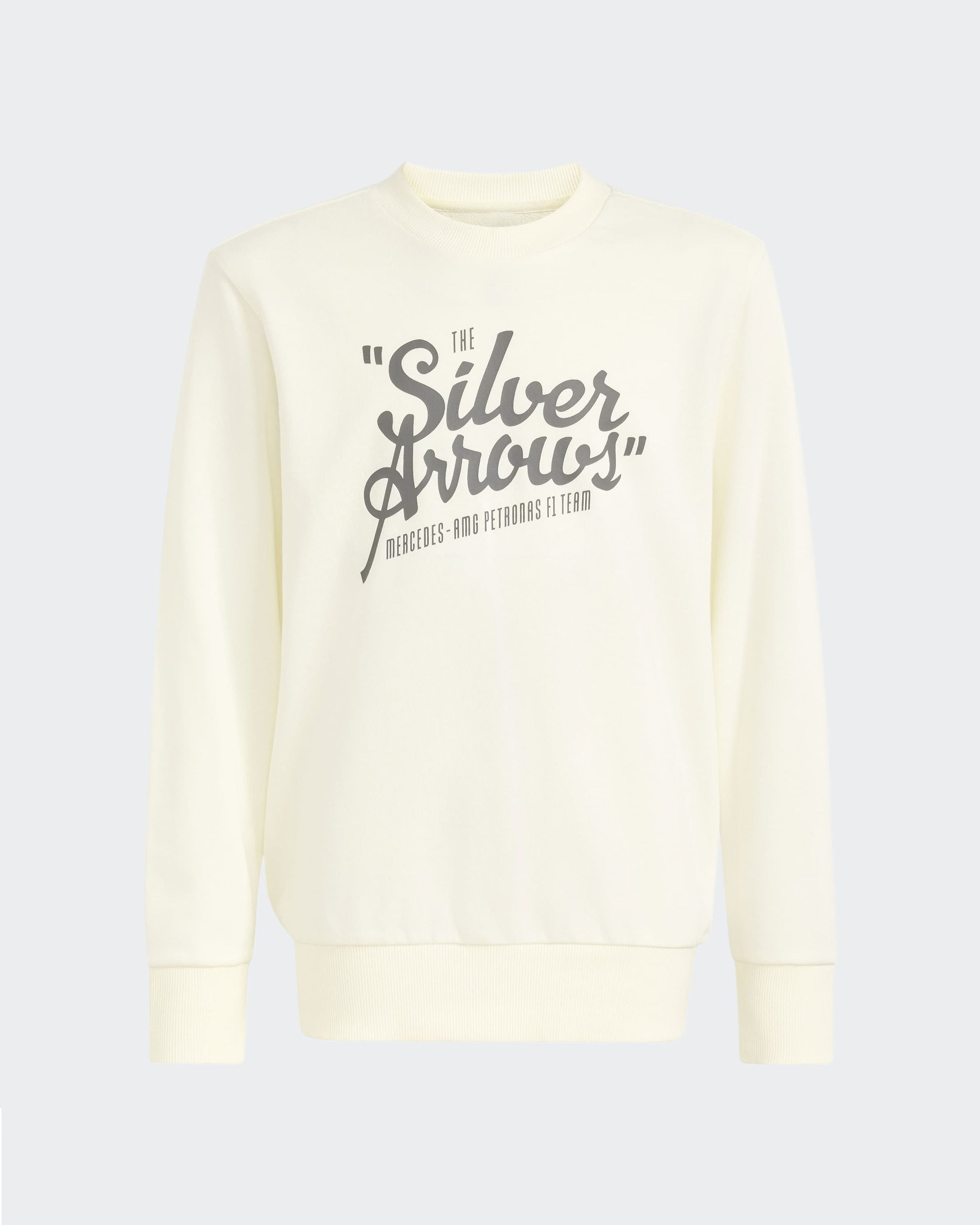 Kids Silver Arrows Heritage Tracksuit Off White — close-up design detail showing Mercedes-AMG PETRONAS F1 styling and product details | Dash Racegear