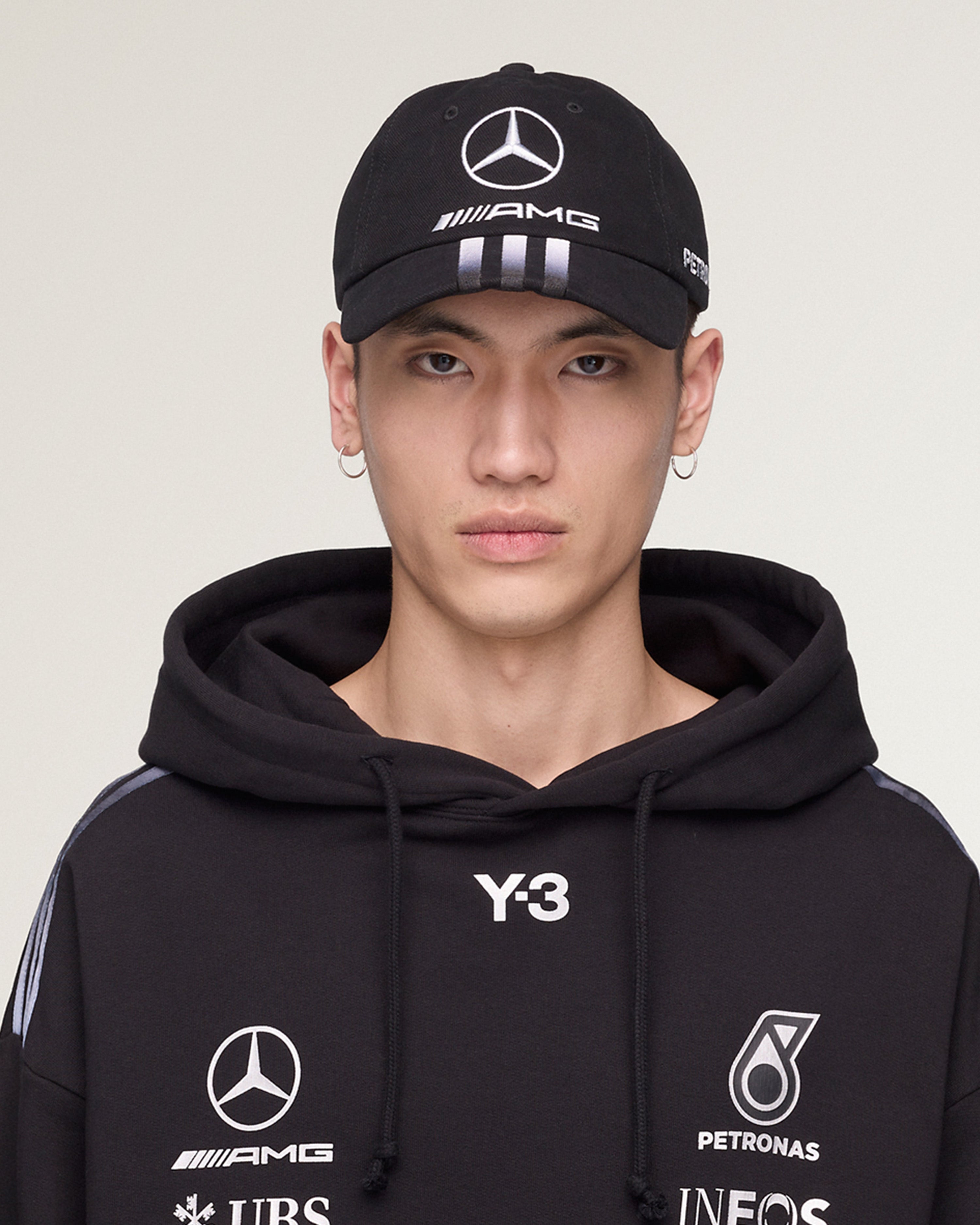 Y-3 Dad Cap Black — alternate product angle showing Mercedes-AMG PETRONAS F1 styling and product details | Dash Racegear