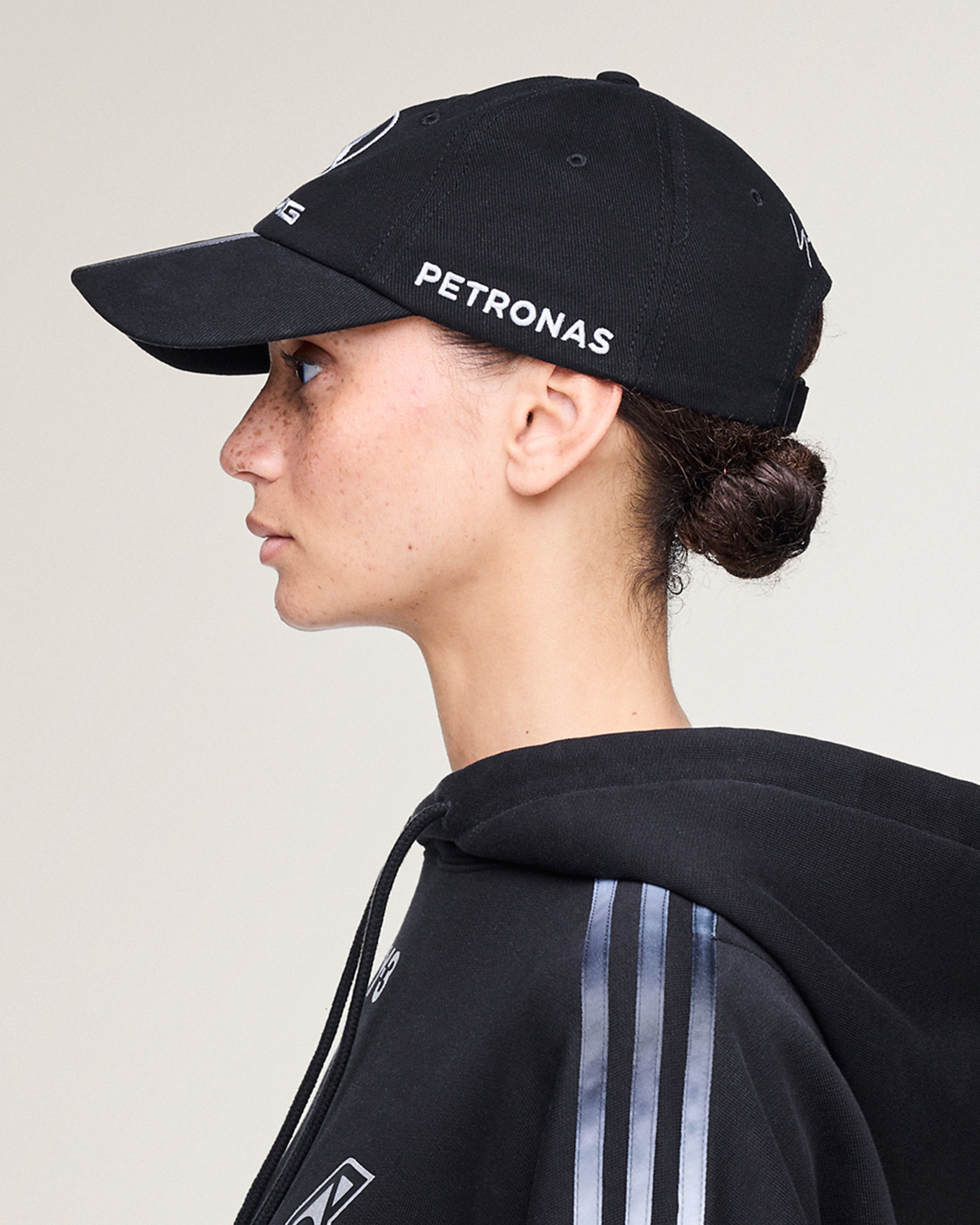 Y-3 Dad Cap Black — close-up design detail showing Mercedes-AMG PETRONAS F1 styling and product details | Dash Racegear