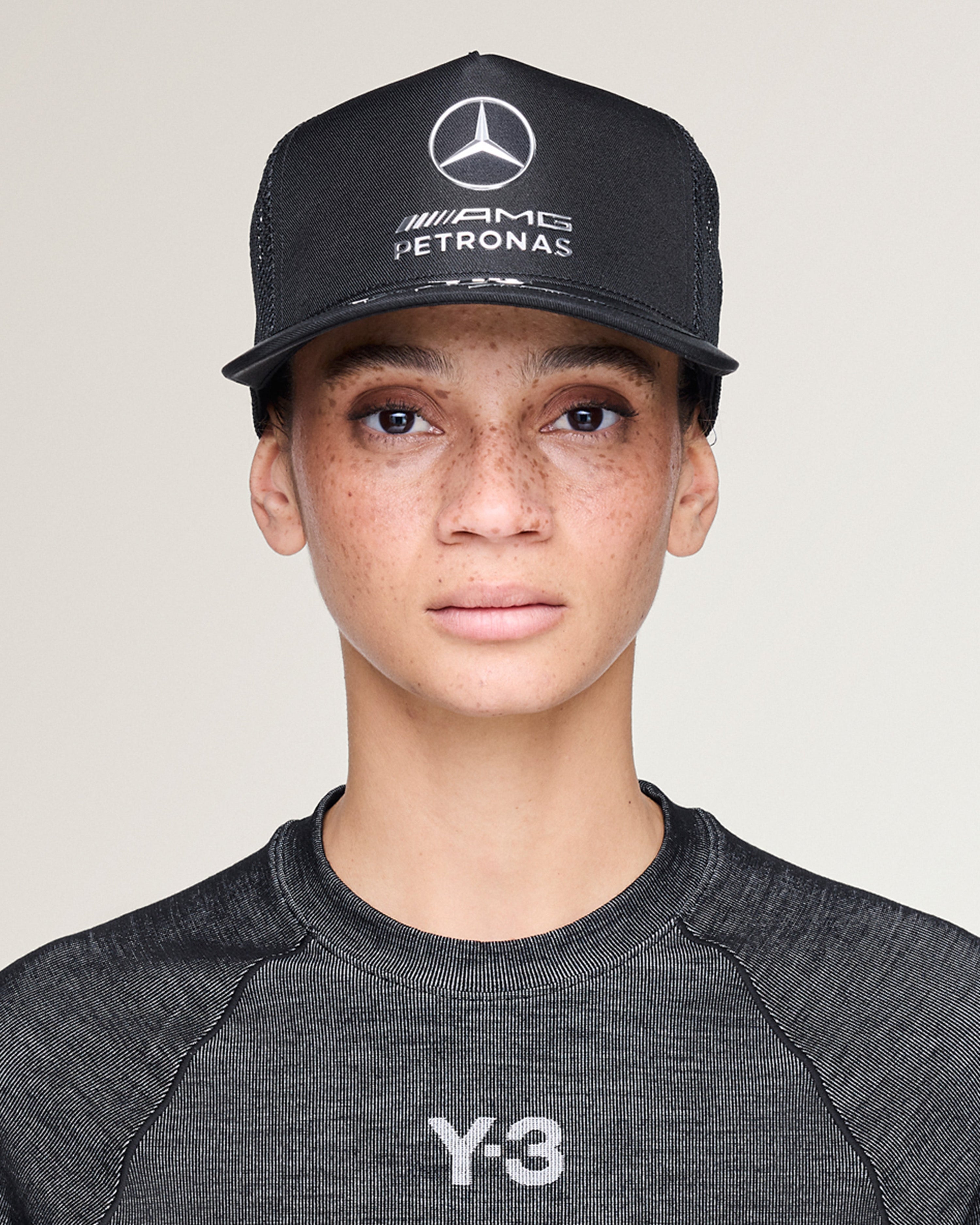 Y-3 Trucker Cap Black — alternate product angle showing Mercedes-AMG PETRONAS F1 styling and product details | Dash Racegear