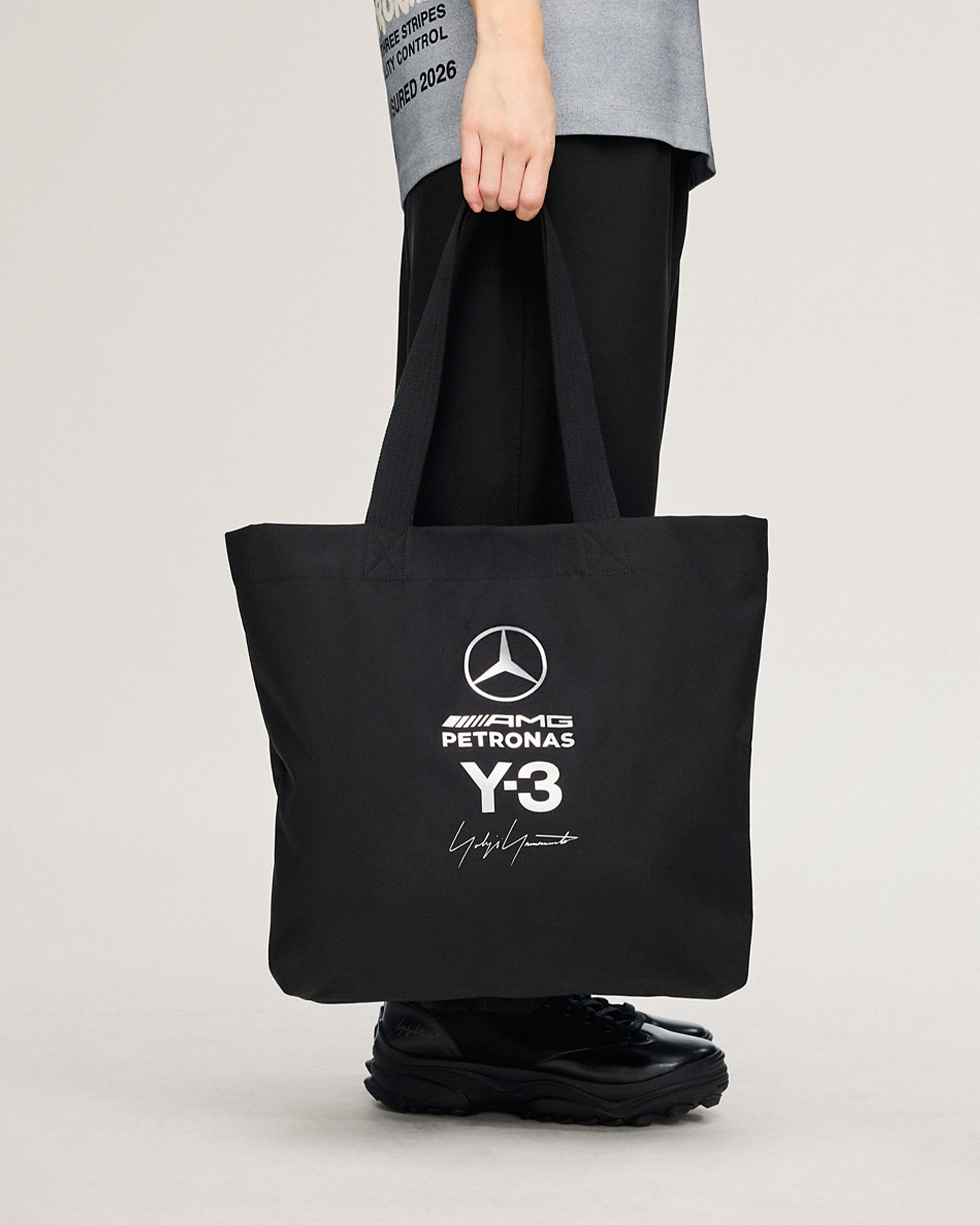 Y-3 Tote Bag Black — alternate product angle showing Mercedes-AMG PETRONAS F1 styling and product details | Dash Racegear