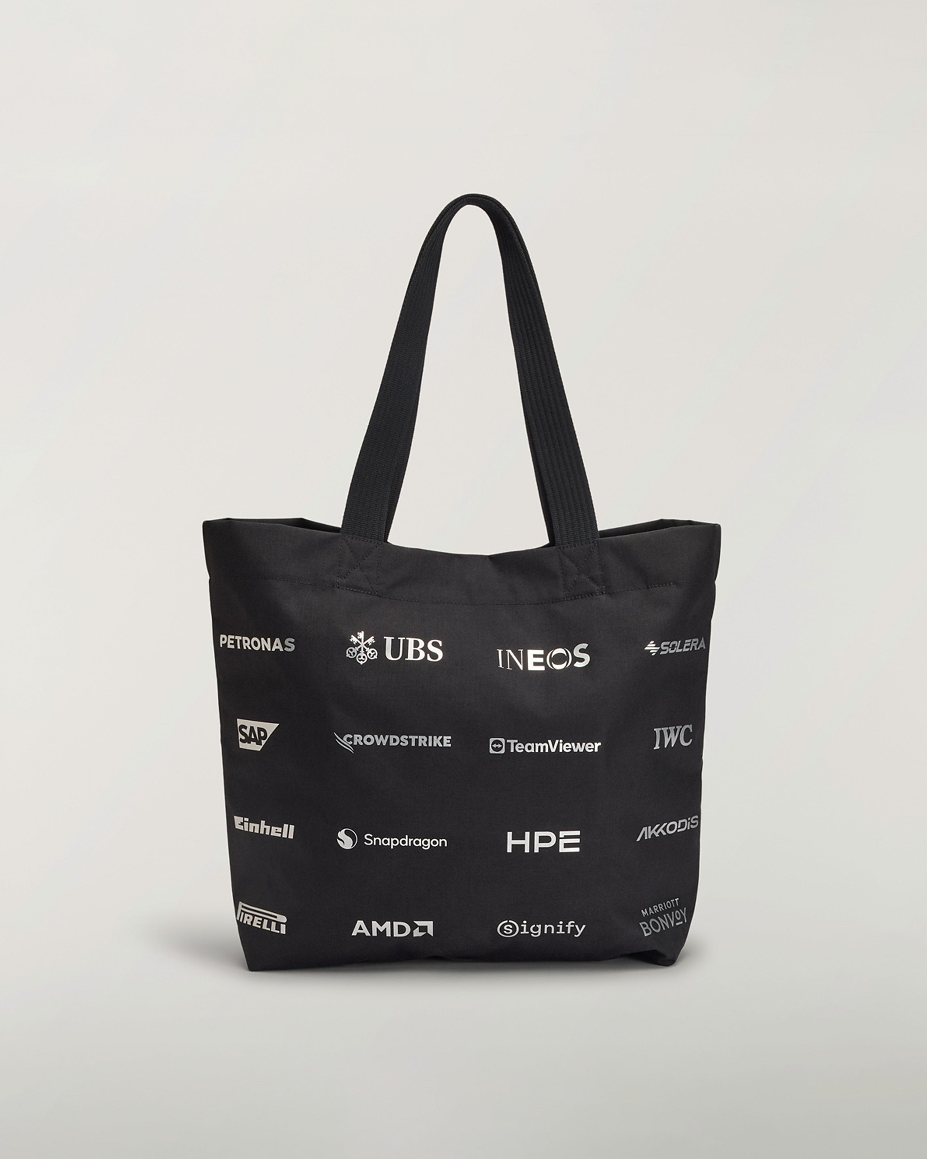 Y-3 Tote Bag Black — close-up design detail showing Mercedes-AMG PETRONAS F1 styling and product details | Dash Racegear