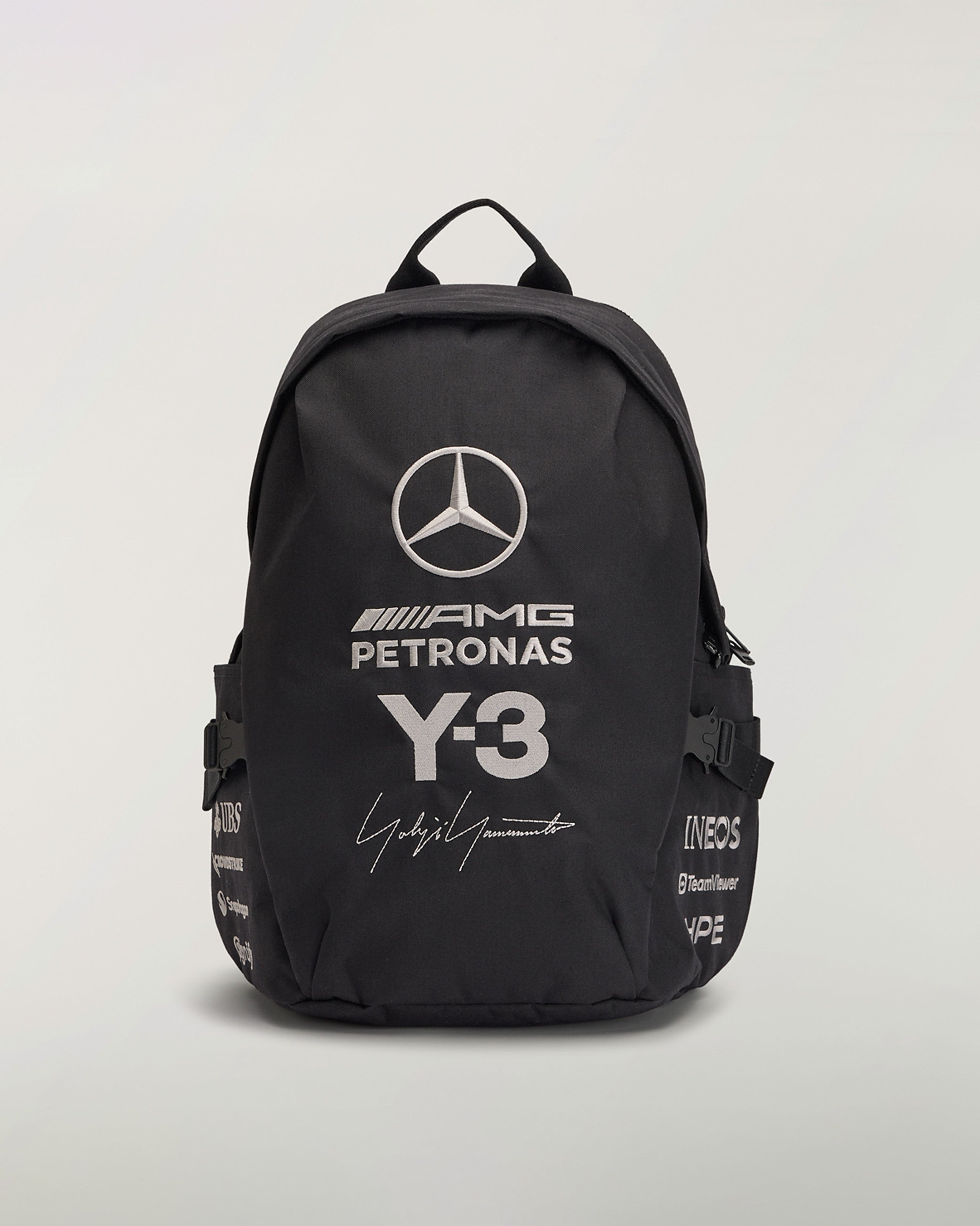 Y-3 Backpack Black — primary product view showing Mercedes-AMG PETRONAS F1 styling and product details | Dash Racegear