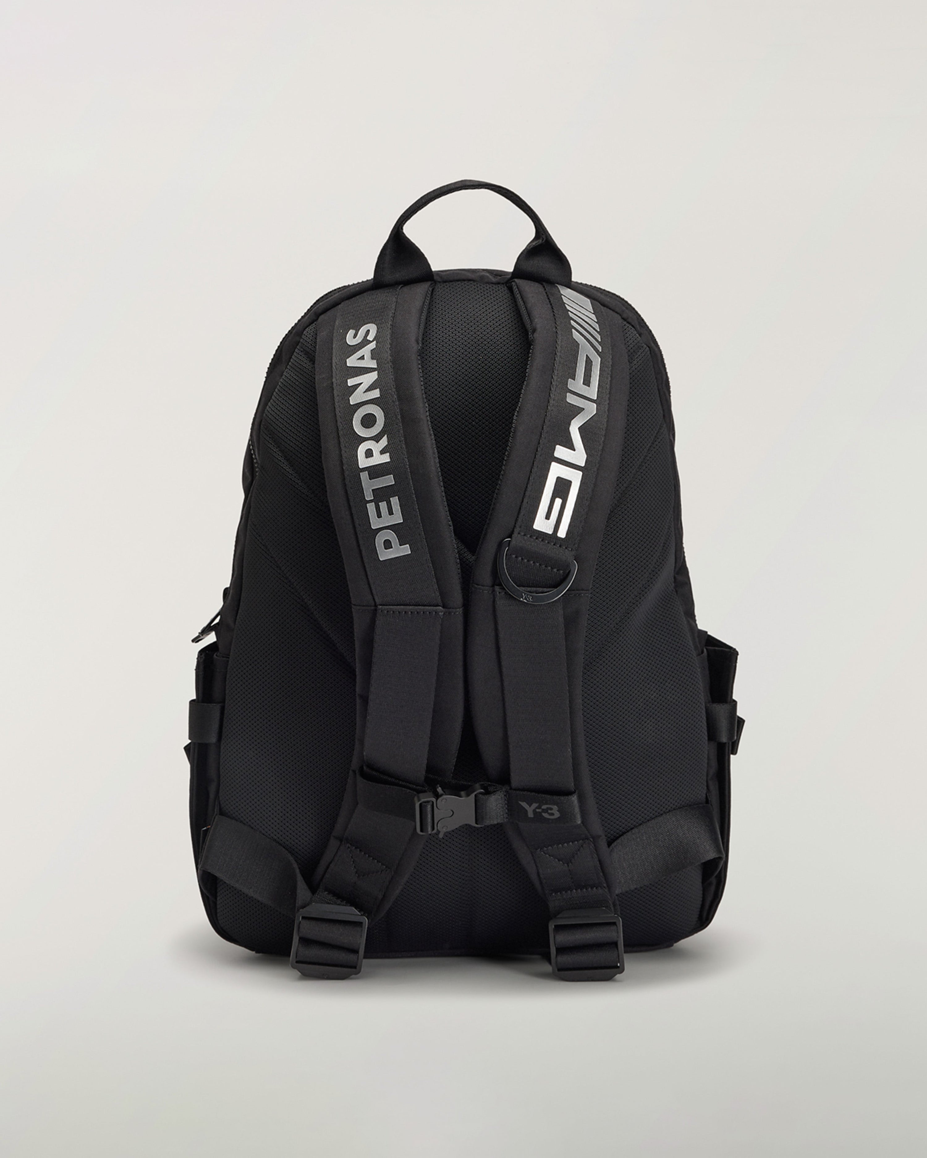Y-3 Backpack Black — close-up design detail showing Mercedes-AMG PETRONAS F1 styling and product details | Dash Racegear