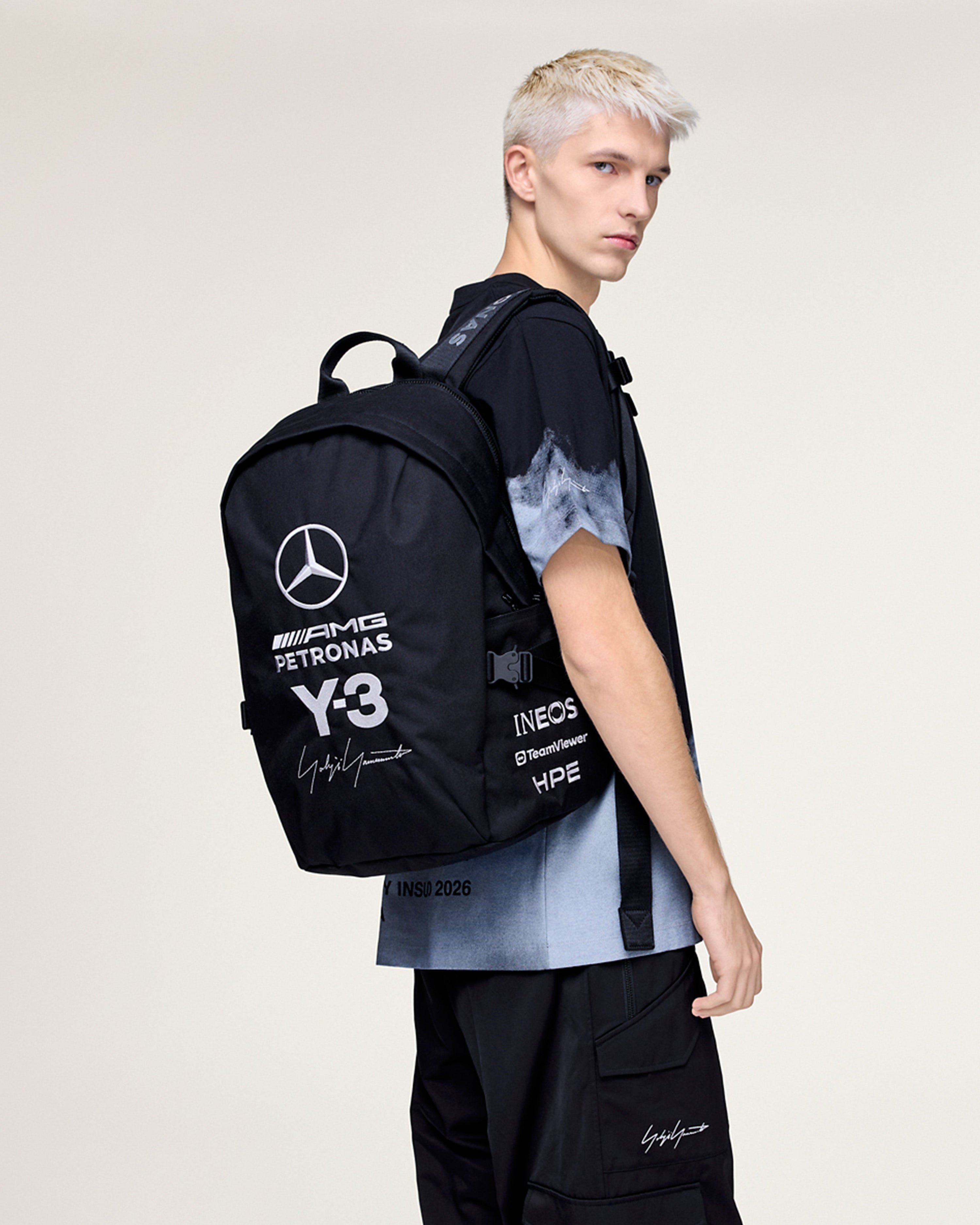 Y-3 Backpack Black — alternate product angle showing Mercedes-AMG PETRONAS F1 styling and product details | Dash Racegear