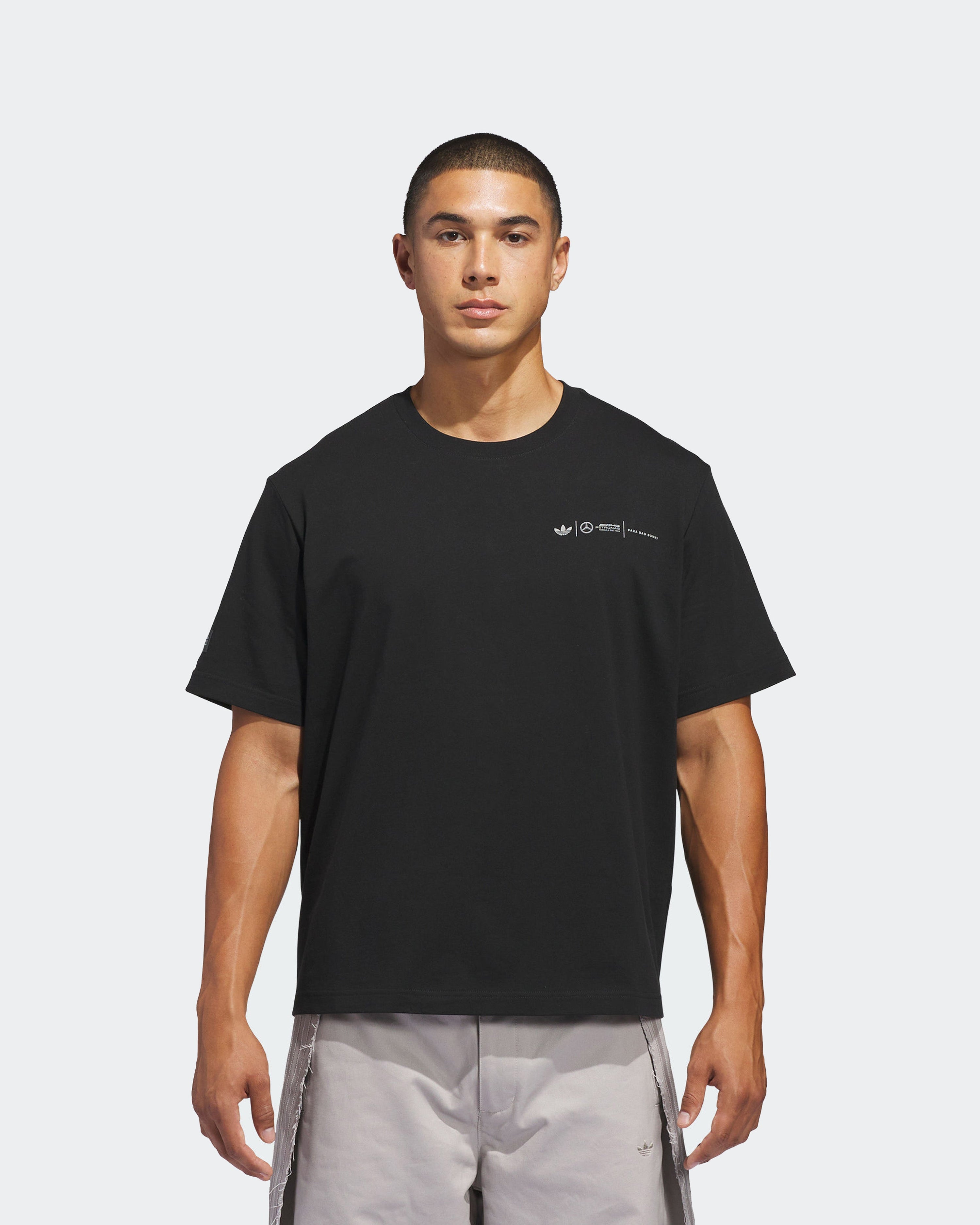 adidas para Bad Bunny x Mercedes-AMG F1 T-shirt Black — close-up design detail showing Mercedes-AMG PETRONAS F1 styling and product details | Dash Racegear