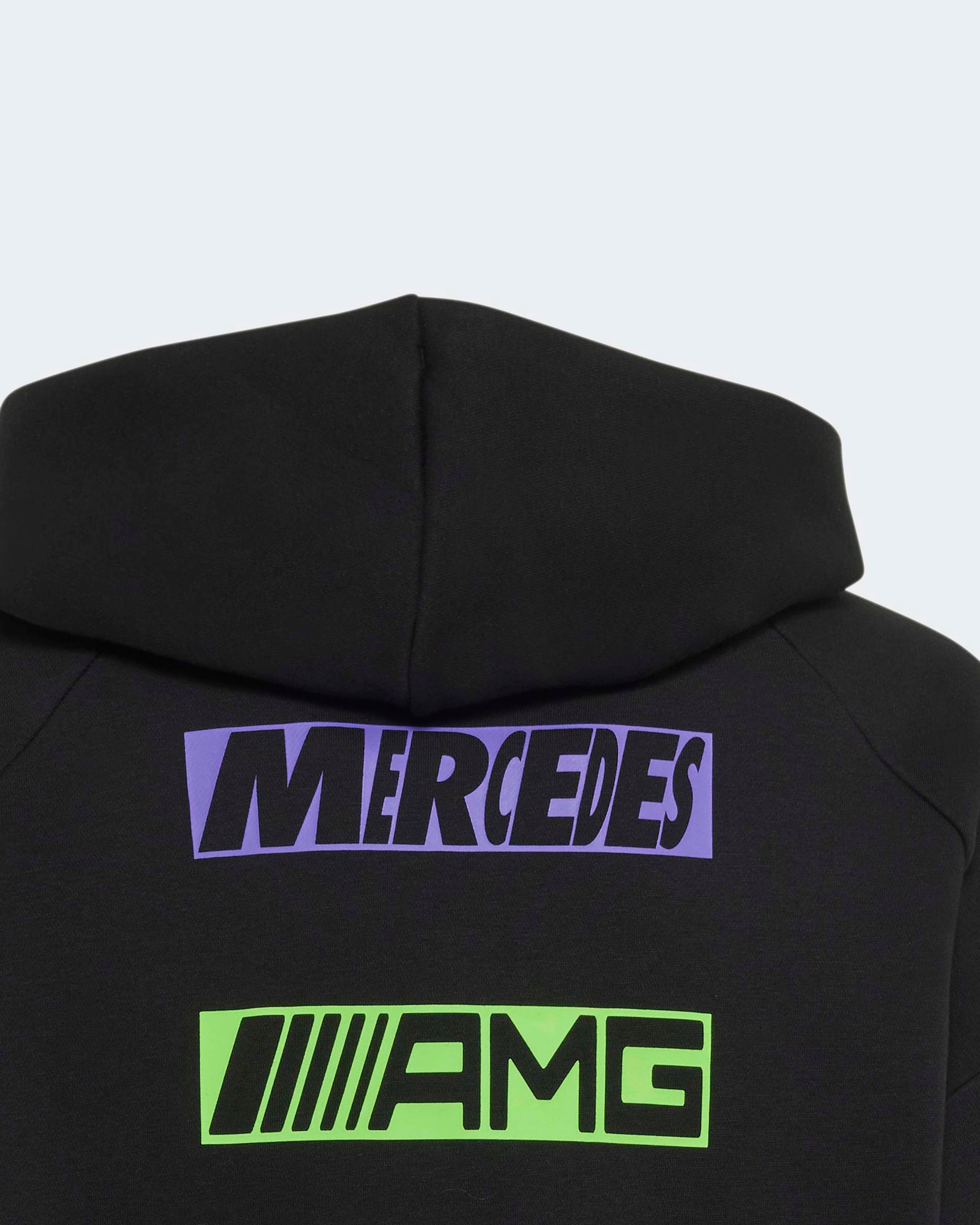 Kids Lights On Hoody Black — close-up design detail showing Mercedes-AMG PETRONAS F1 styling and product details | Dash Racegear