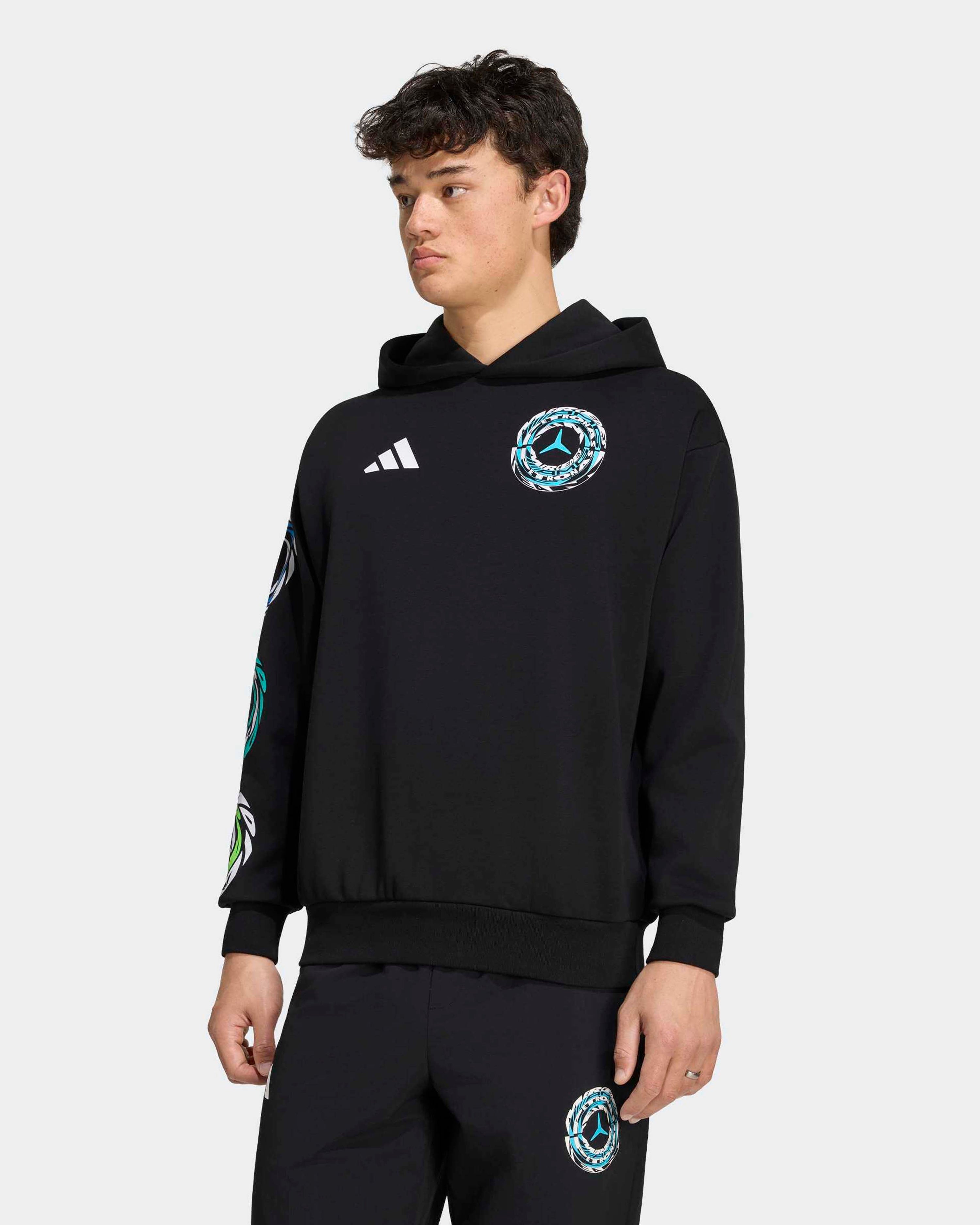 Unisex Lights On Hoody Black — close-up design detail showing Mercedes-AMG PETRONAS F1 styling and product details | Dash Racegear