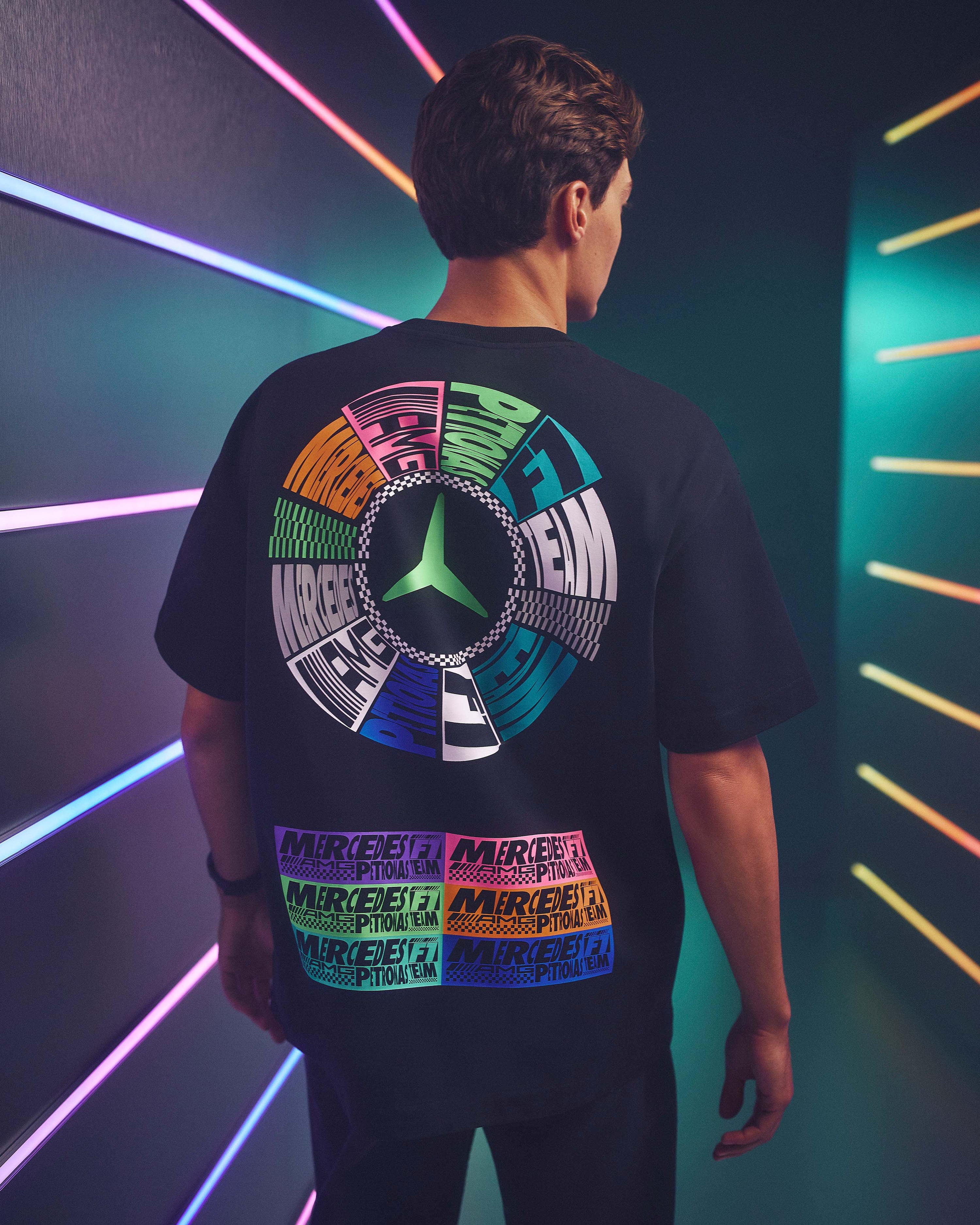 Unisex Lights On T-shirt Black — alternate product angle showing Mercedes-AMG PETRONAS F1 styling and product details | Dash Racegear