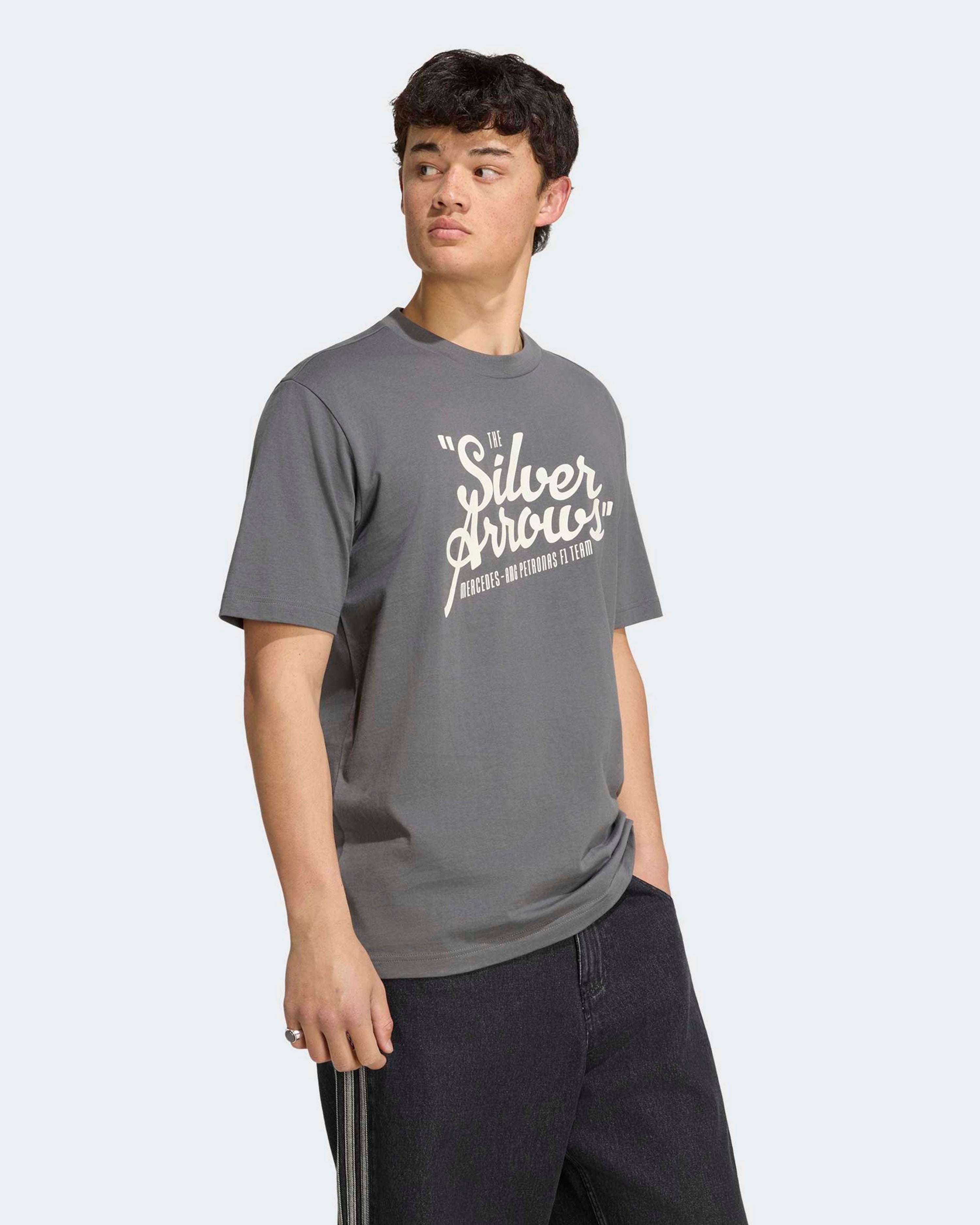 Mens Silver Arrows T-shirt Grey — primary product view showing Mercedes-AMG PETRONAS F1 styling and product details | Dash Racegear