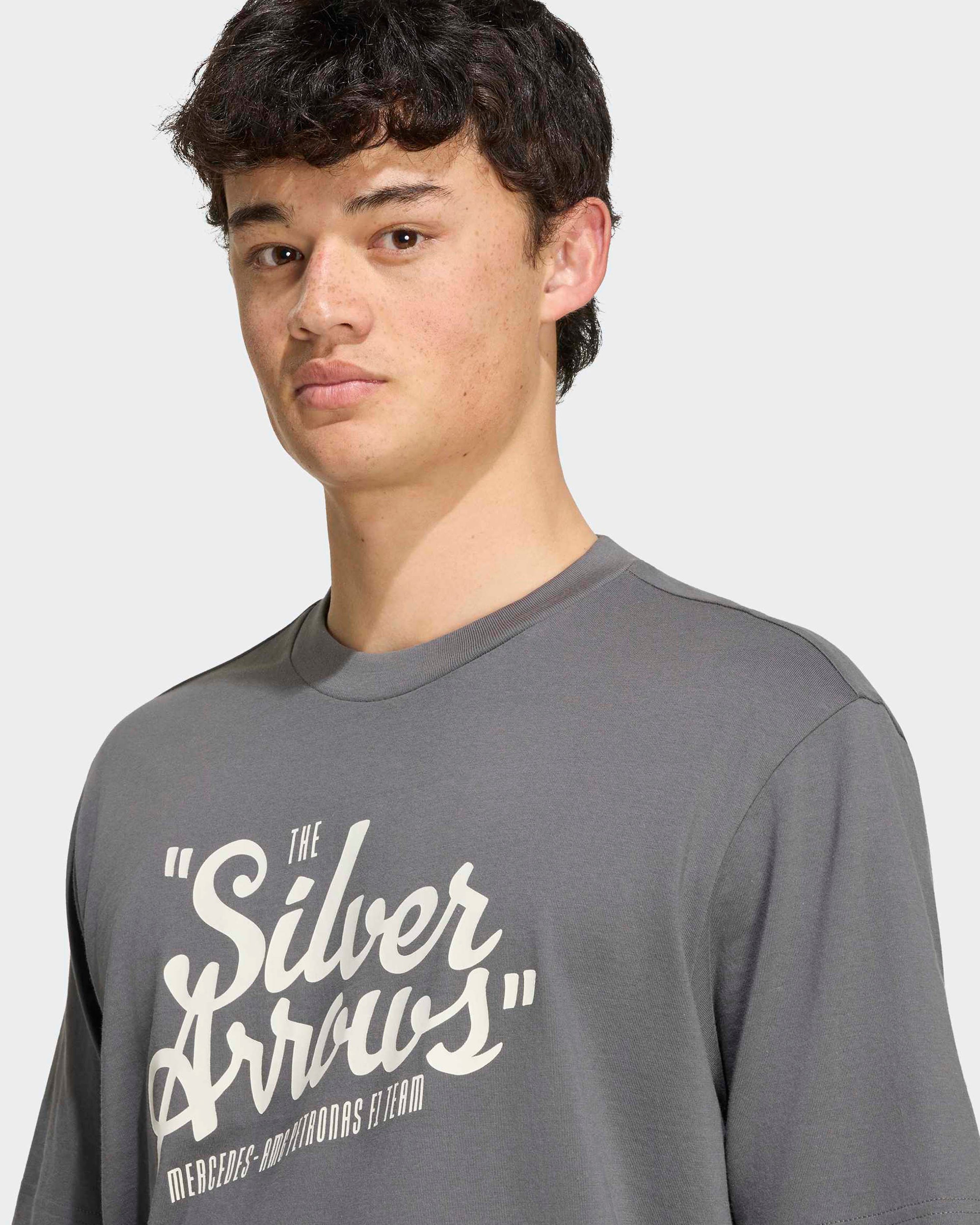 Mens Silver Arrows T-shirt Grey — additional product detail showing Mercedes-AMG PETRONAS F1 styling and product details | Dash Racegear