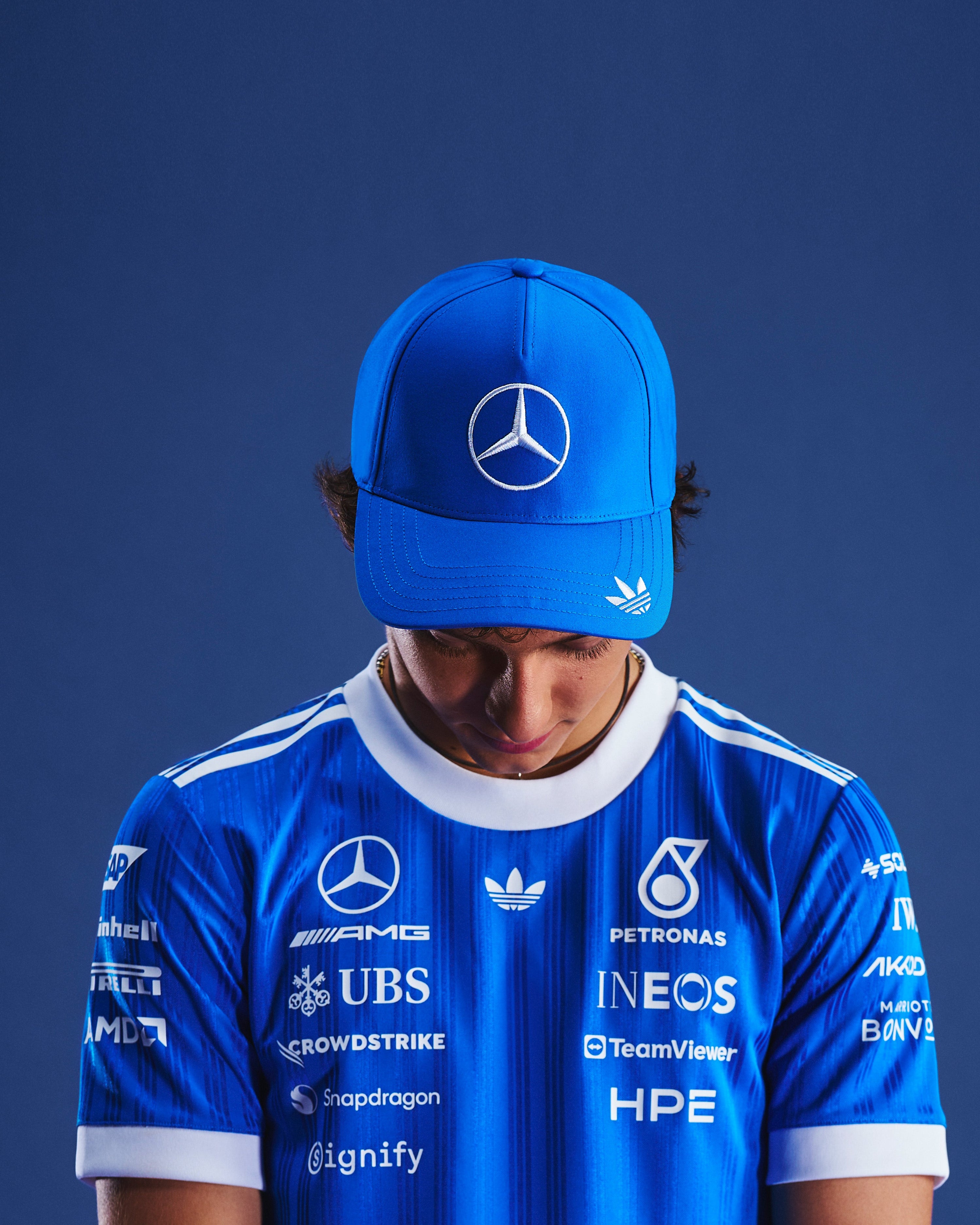 2026 Special Edition Blue Wonder Driver Cap Blue — alternate product angle showing Mercedes-AMG PETRONAS F1 styling and product details | Dash Racegear