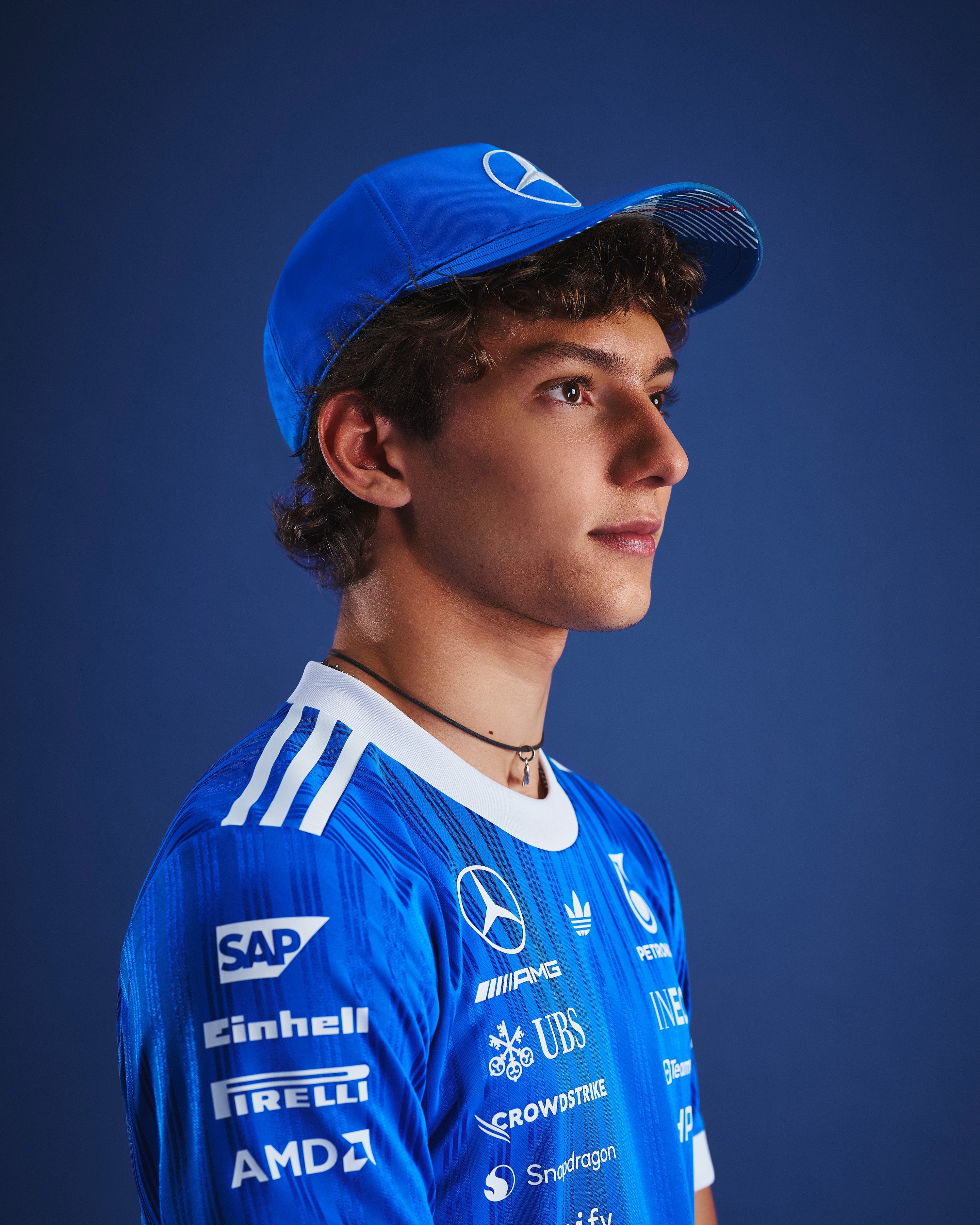 2026 Special Edition Blue Wonder Driver Cap Blue — close-up design detail showing Mercedes-AMG PETRONAS F1 styling and product details | Dash Racegear