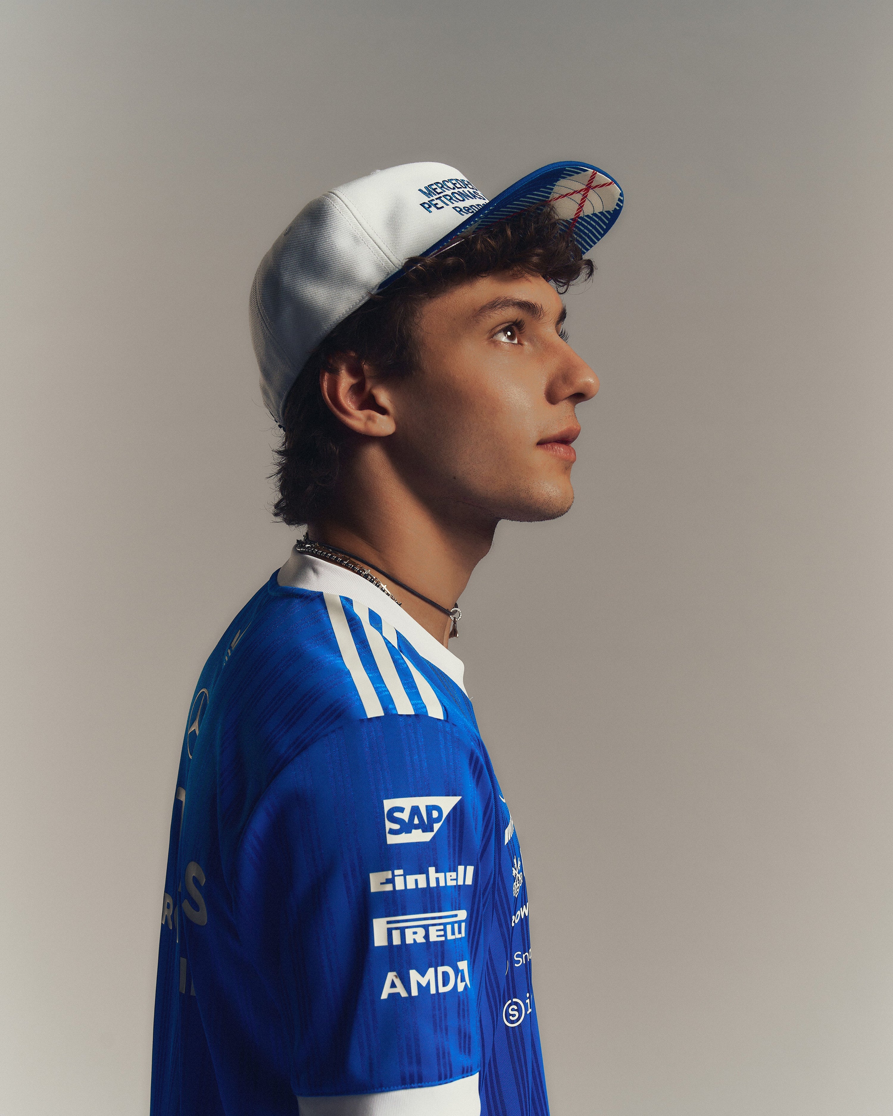 2026 Special Edition Blue Wonder Driver Cap White — alternate product angle showing Mercedes-AMG PETRONAS F1 styling and product details | Dash Racegear