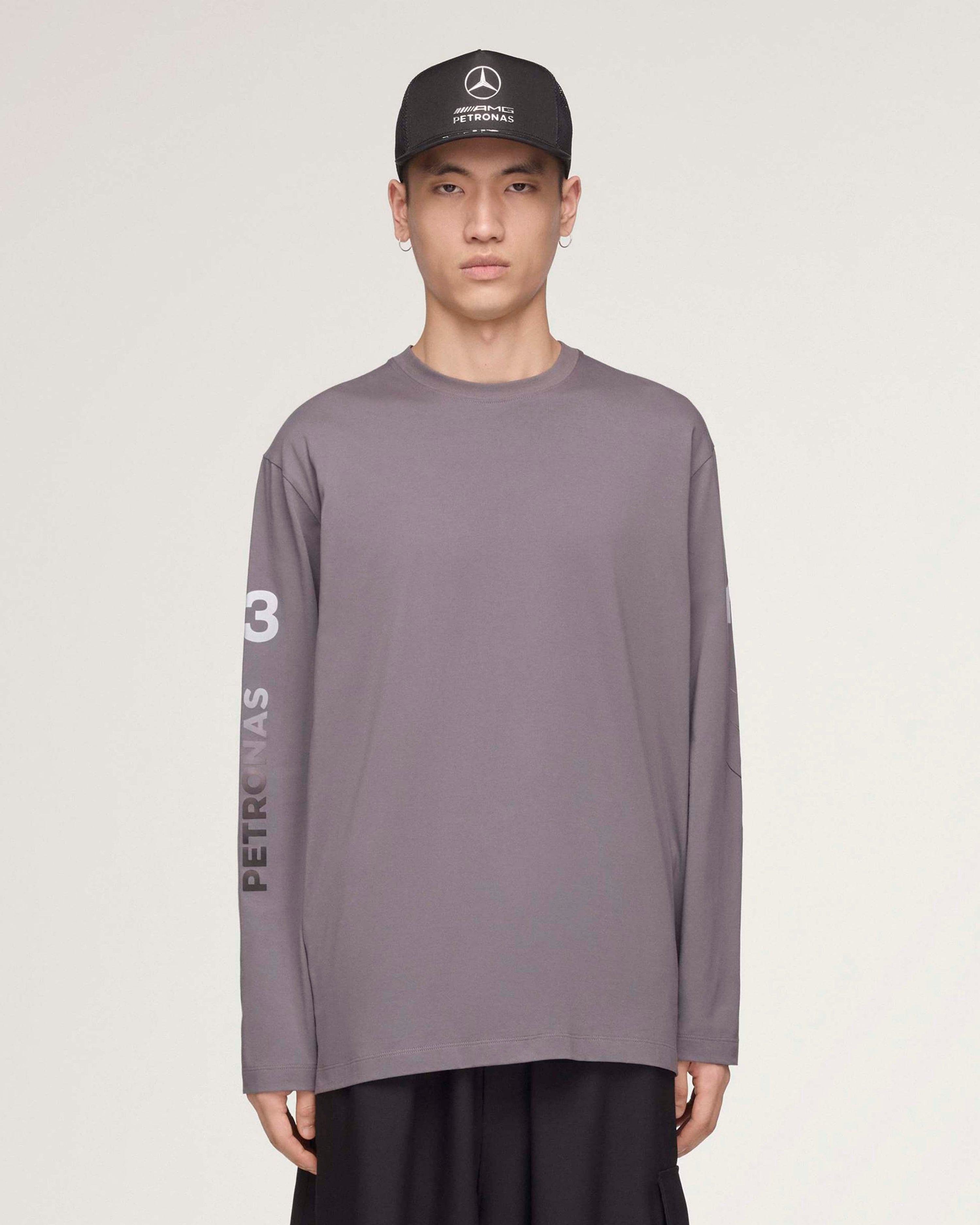 Y-3 Chaos Long-Sleeve T-shirt Grey — primary product view showing Mercedes-AMG PETRONAS F1 styling and product details | Dash Racegear