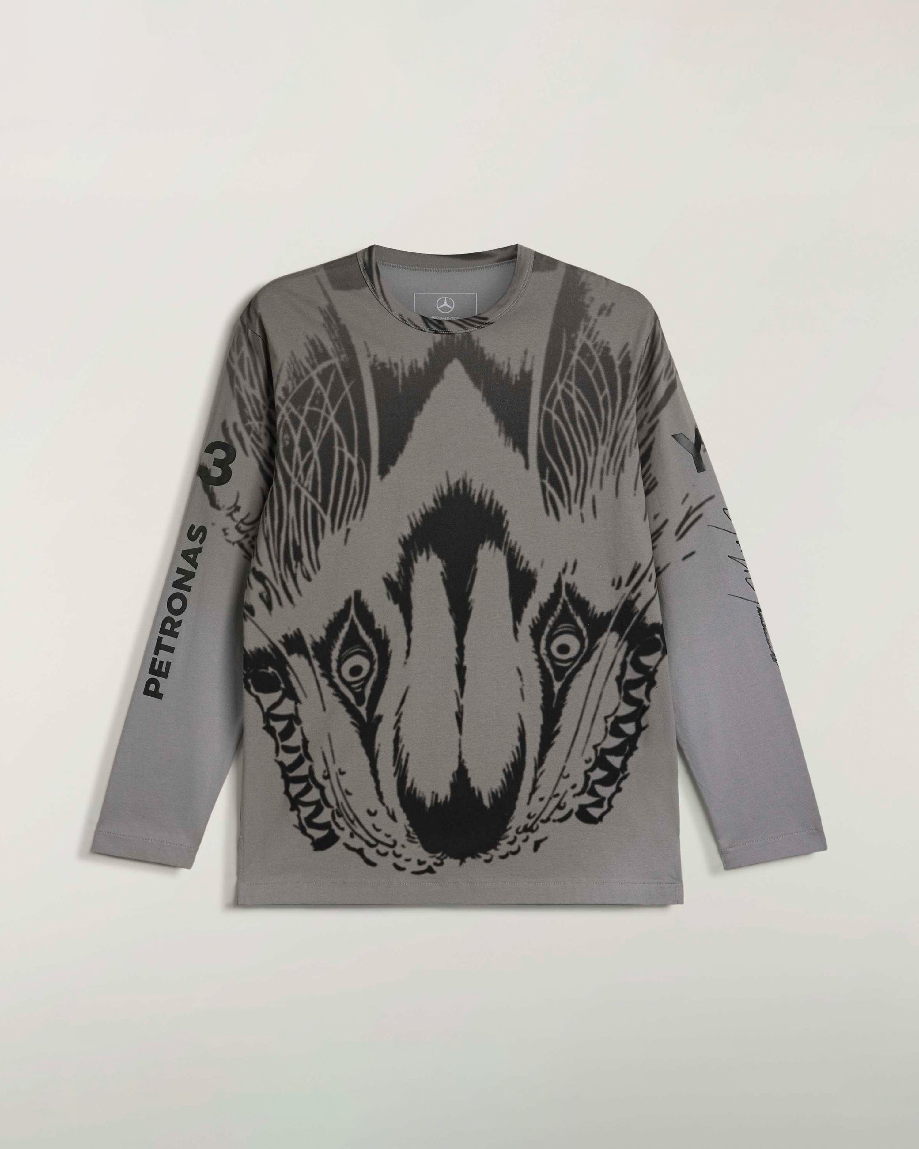 Y-3 Wolf Long-Sleeve T-shirt Black — primary product view showing Mercedes-AMG PETRONAS F1 styling and product details | Dash Racegear