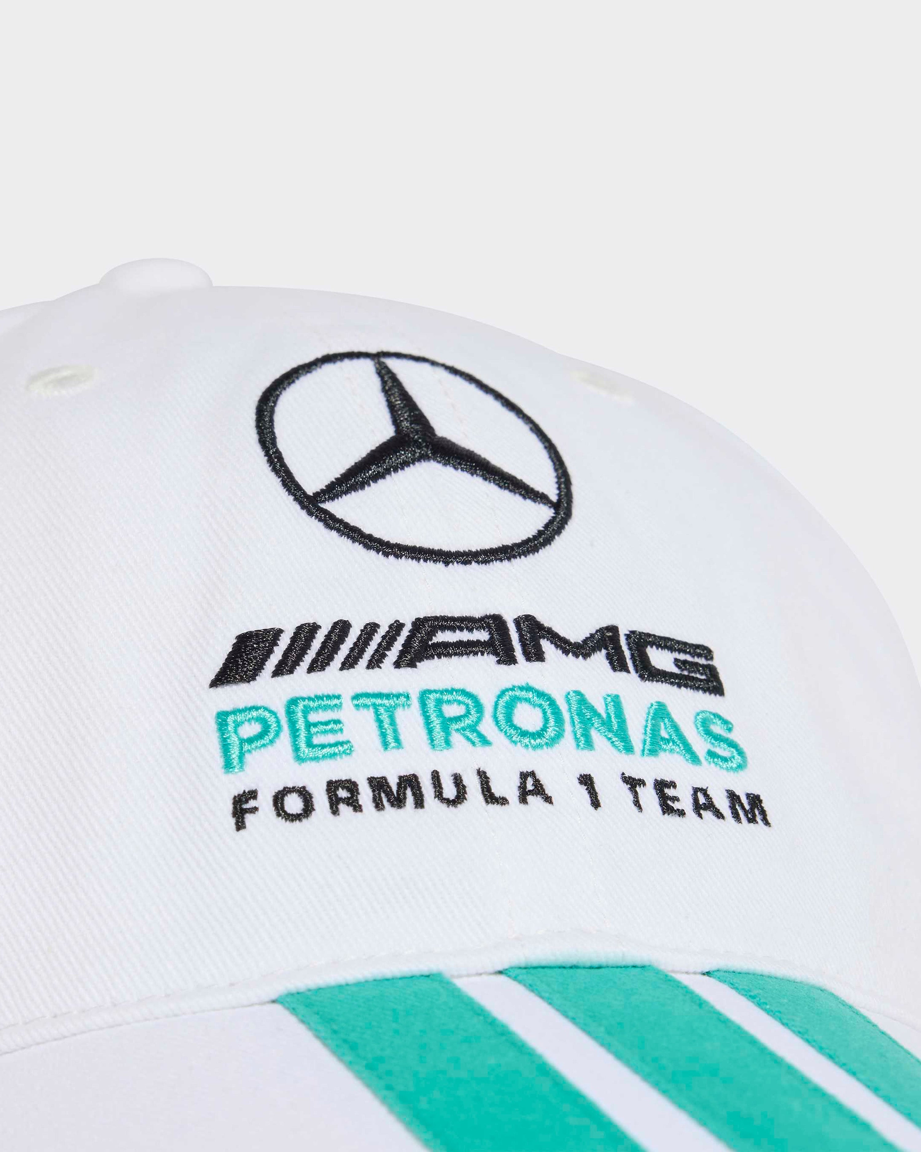 DNA 3 Stripes Cap White — close-up design detail showing Mercedes-AMG PETRONAS F1 styling and product details | Dash Racegear