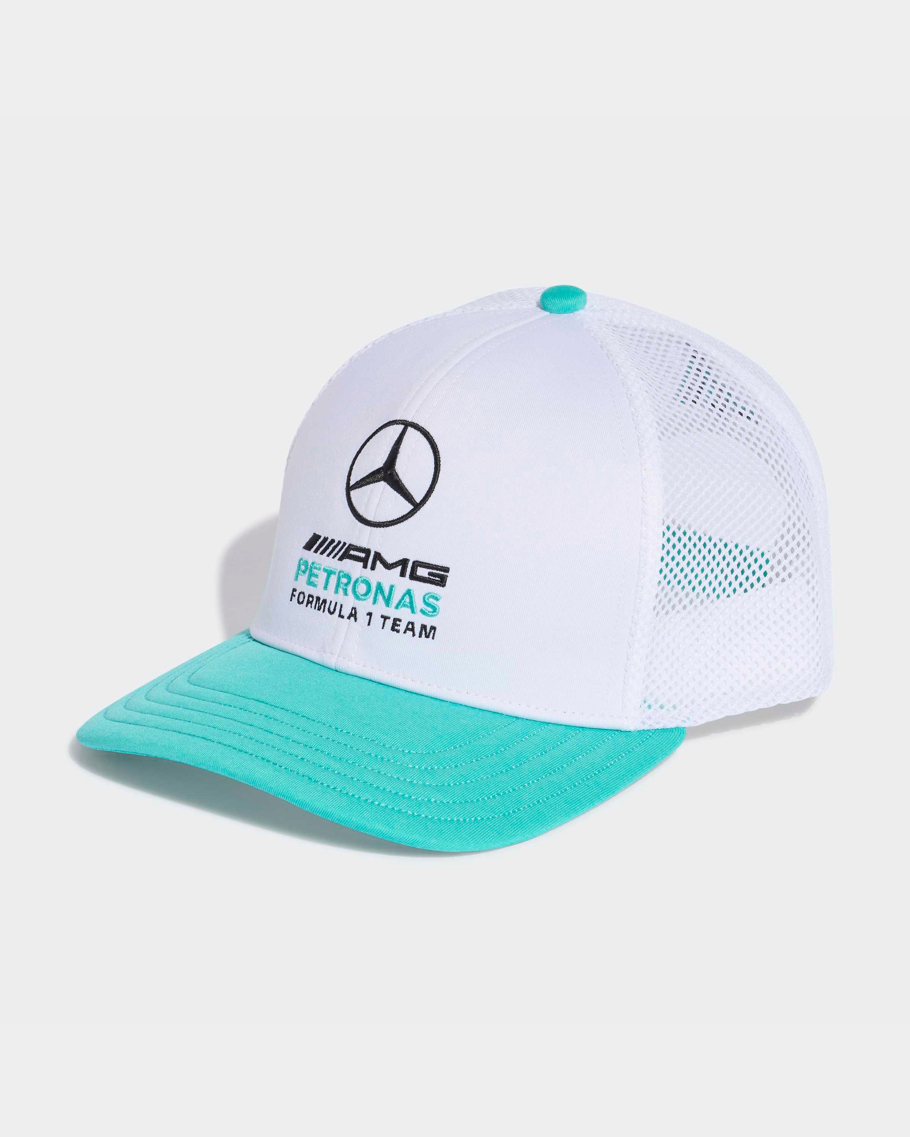 DNA Trucker Cap White — primary product view showing Mercedes-AMG PETRONAS F1 styling and product details | Dash Racegear