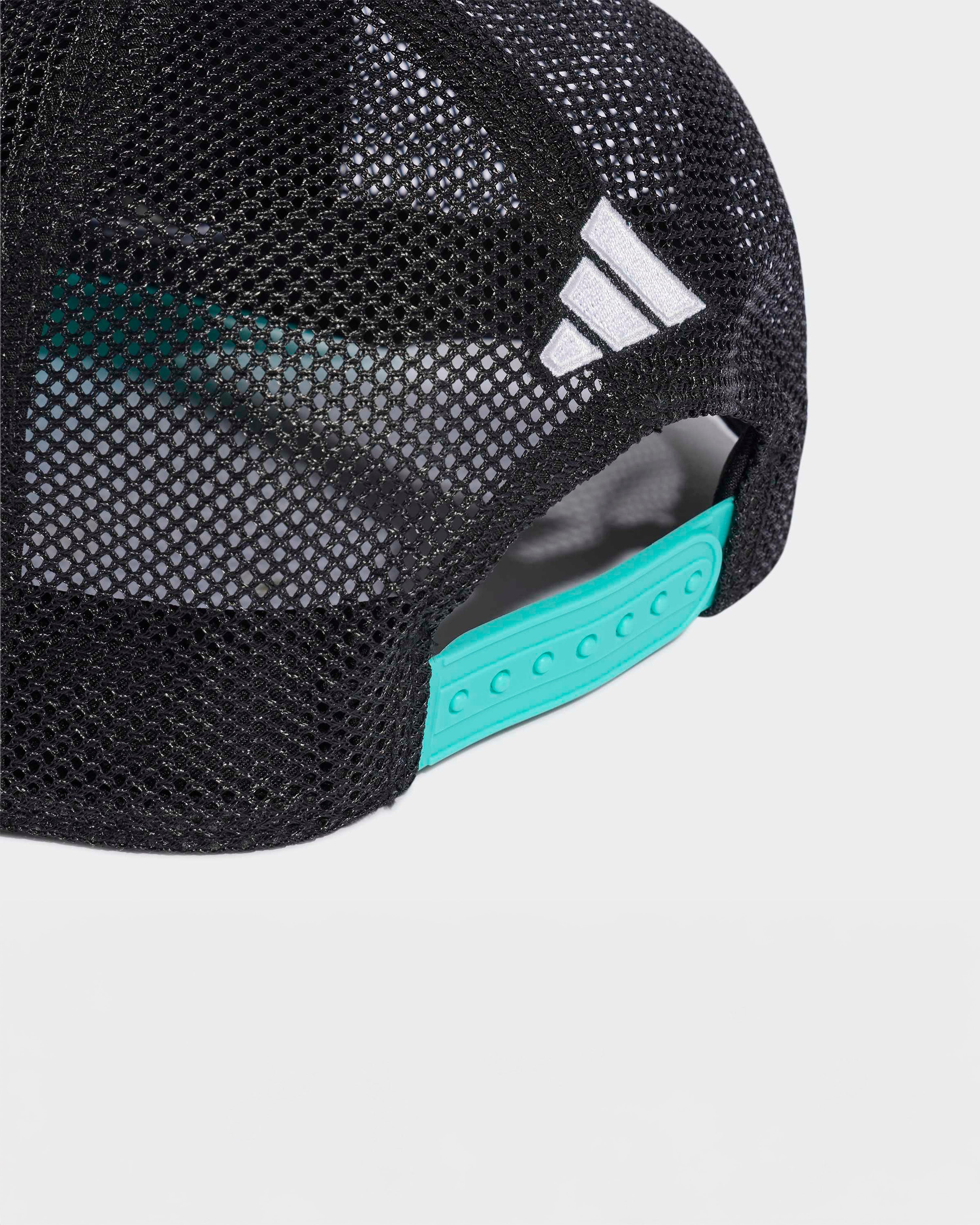 DNA Trucker Cap Black — close-up design detail showing Mercedes-AMG PETRONAS F1 styling and product details | Dash Racegear