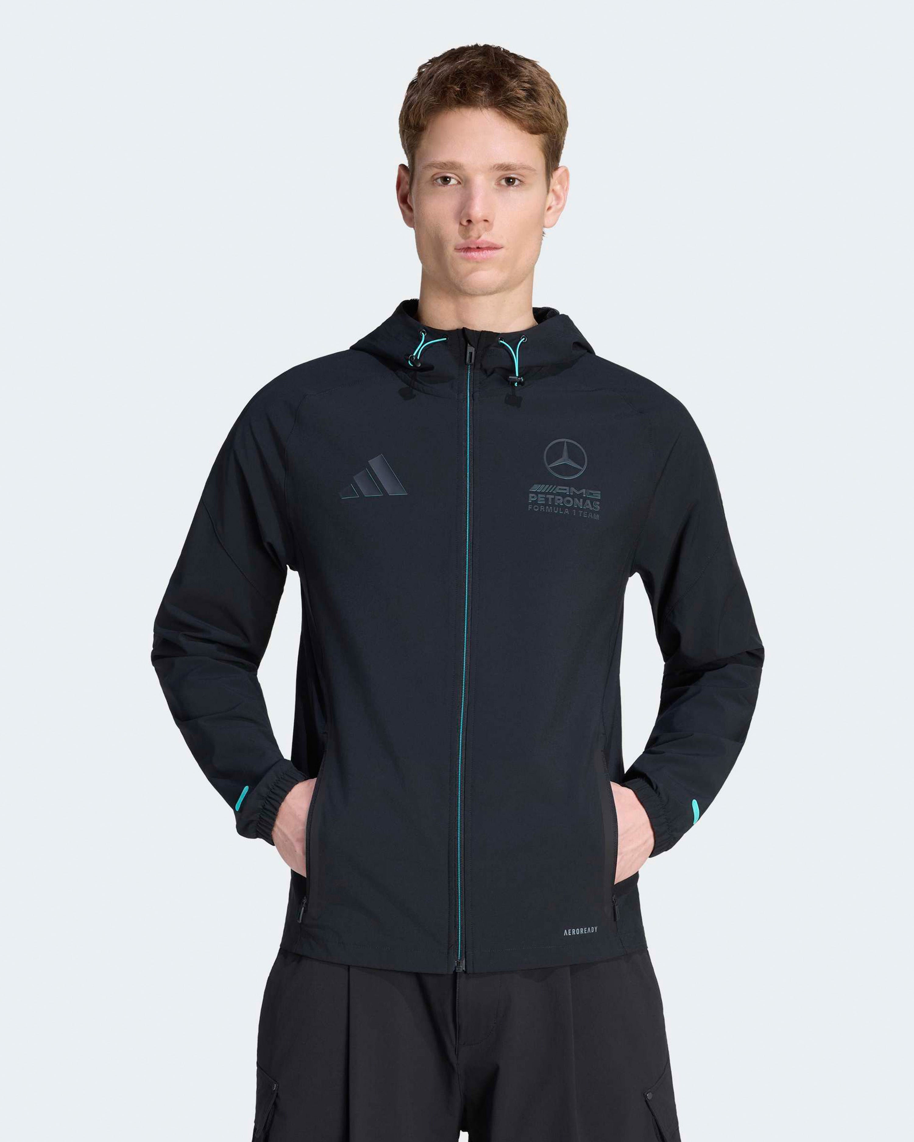 Mens Night Vis Tech Jacket Black — primary product view showing Mercedes-AMG PETRONAS F1 styling and product details | Dash Racegear
