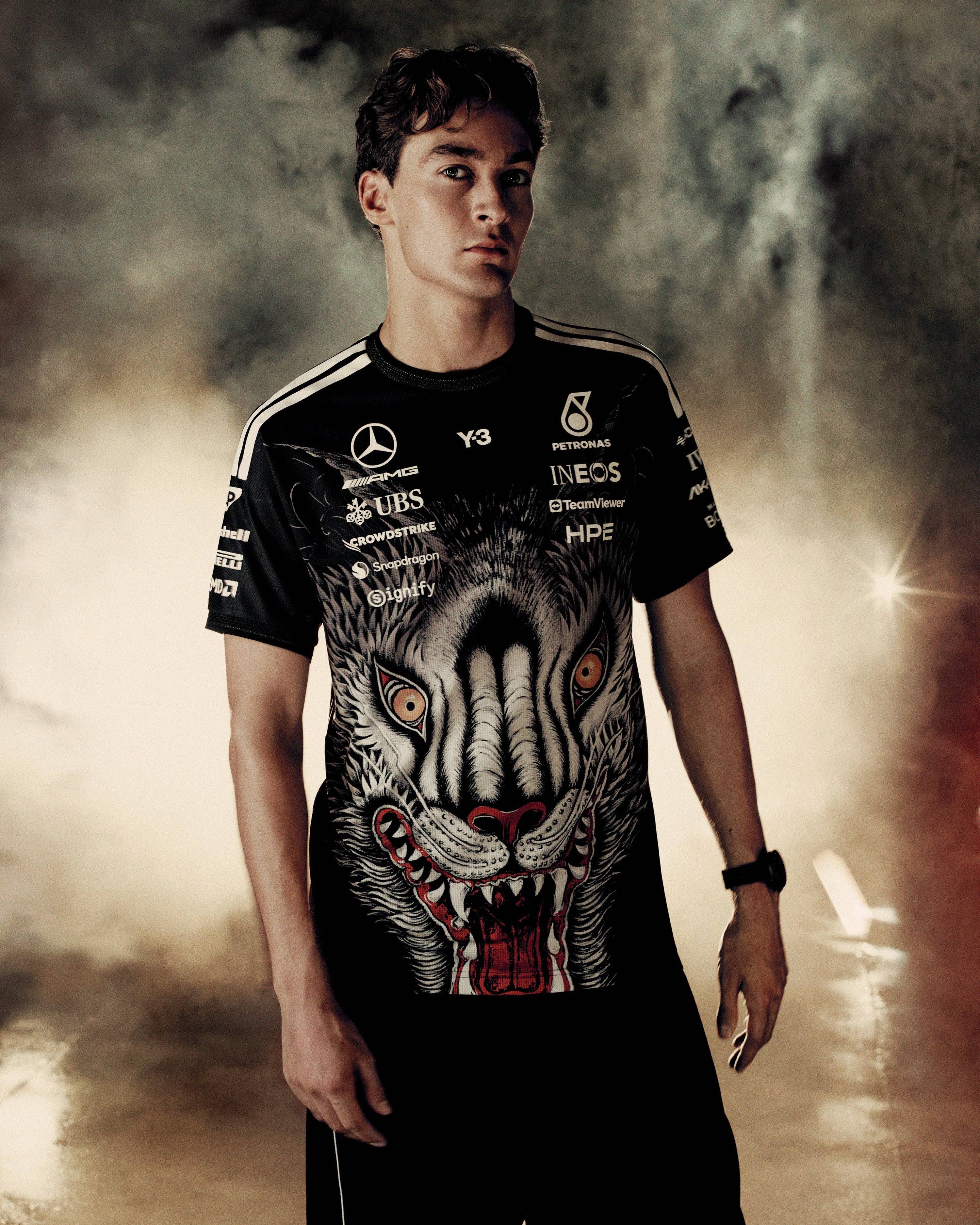 Y-3 Short-Sleeve Team Driver Tee Black — primary product view showing Mercedes-AMG PETRONAS F1 styling and product details | Dash Racegear