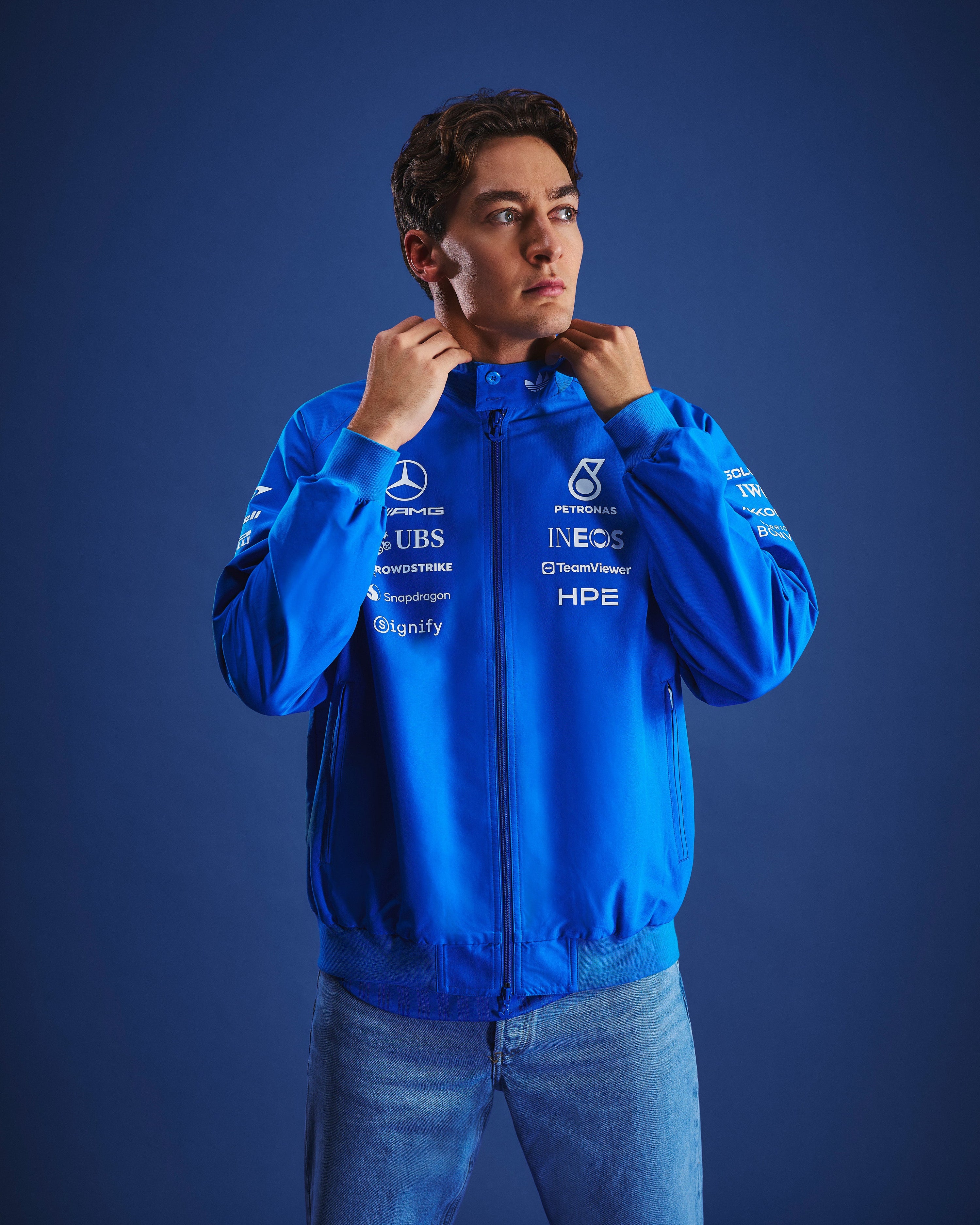 Mens 2026 Blue Wonder Team Harrington Jacket Blue — primary product view showing Mercedes-AMG PETRONAS F1 styling and product details | Dash Racegear